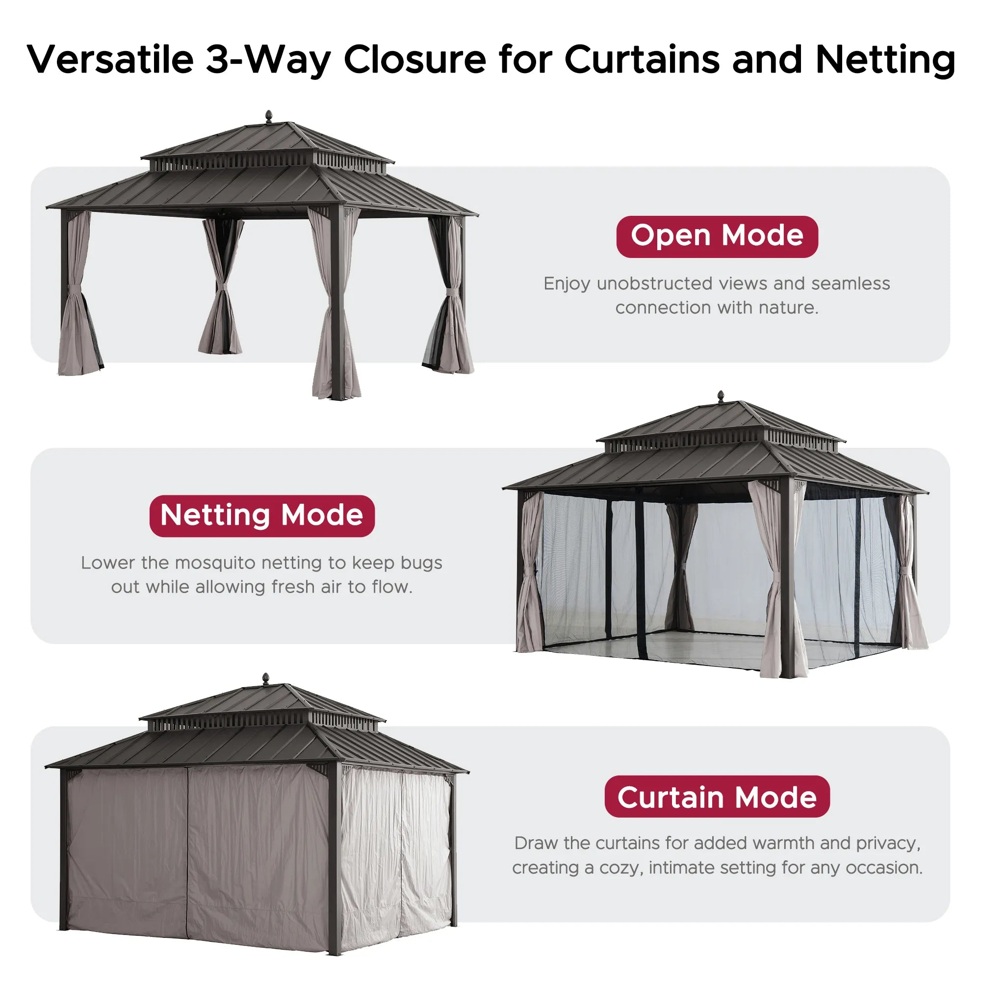 MazonvintageKingston 12x14 Gazebo with Netting & Curtain | Steel Roof - Brown Aluminum Posts
