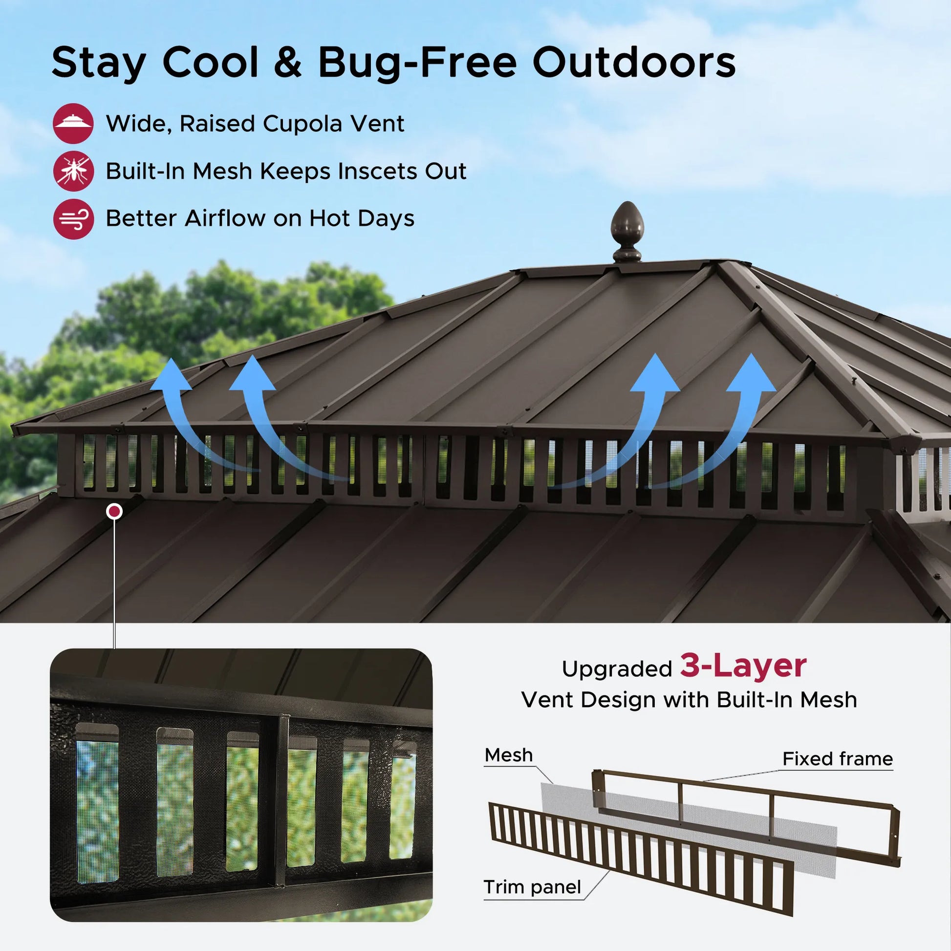 MazonvintageKingston 12x14 Gazebo with Netting & Curtain | Steel Roof - Brown Aluminum Posts