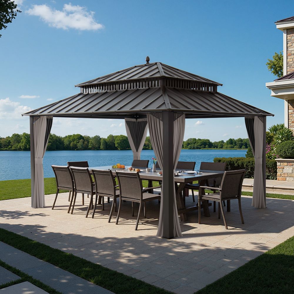 MazonvintageKingston 12x14 Gazebo with Netting & Curtain | Steel Roof - Brown Aluminum Posts