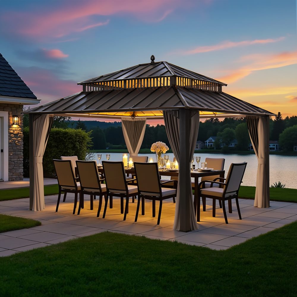 MazonvintageKingston 12x14 Gazebo with Netting & Curtain | Steel Roof - Brown Aluminum Posts