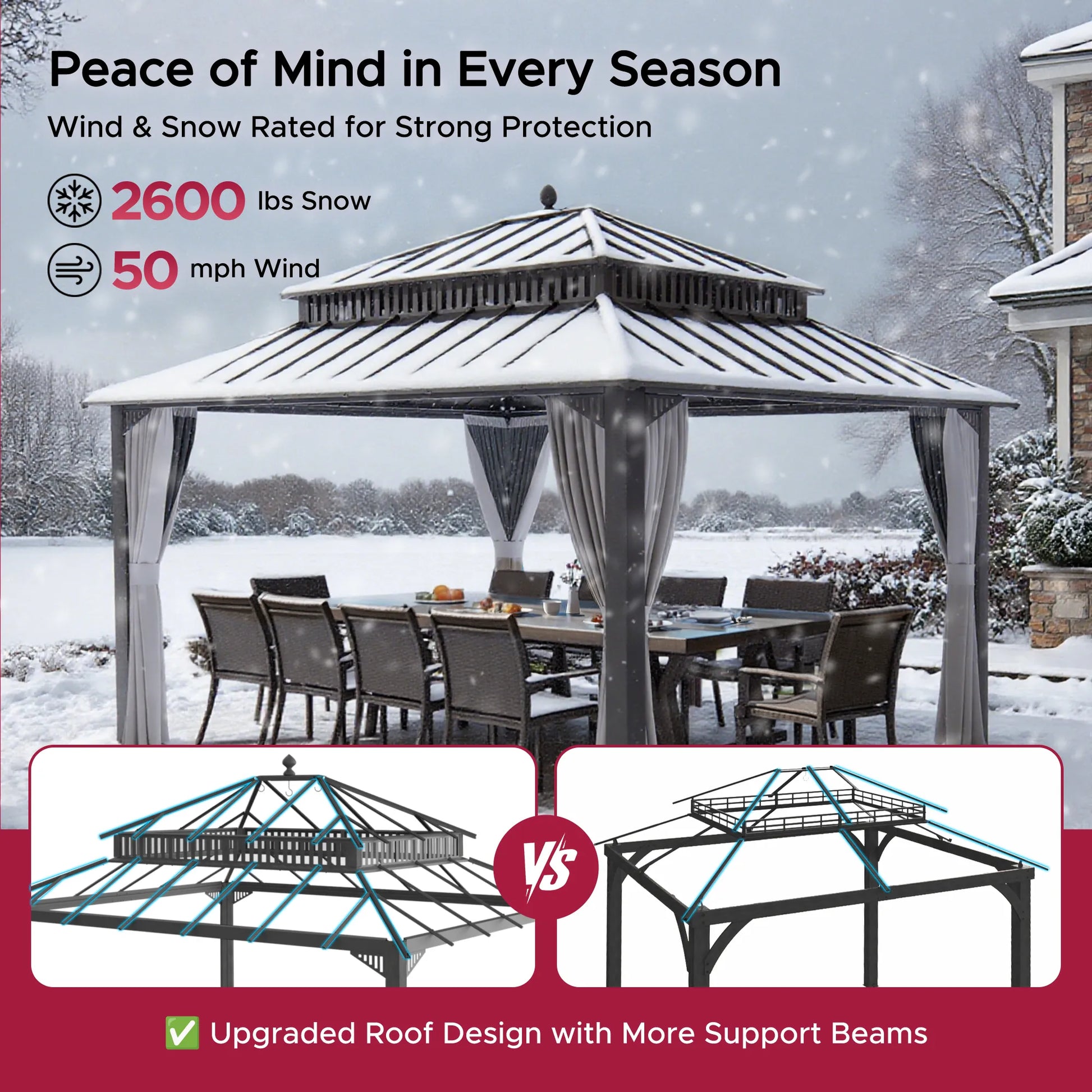 MazonvintageKingston 12x14 Gazebo with Netting & Curtain | Steel Roof - Brown Aluminum Posts