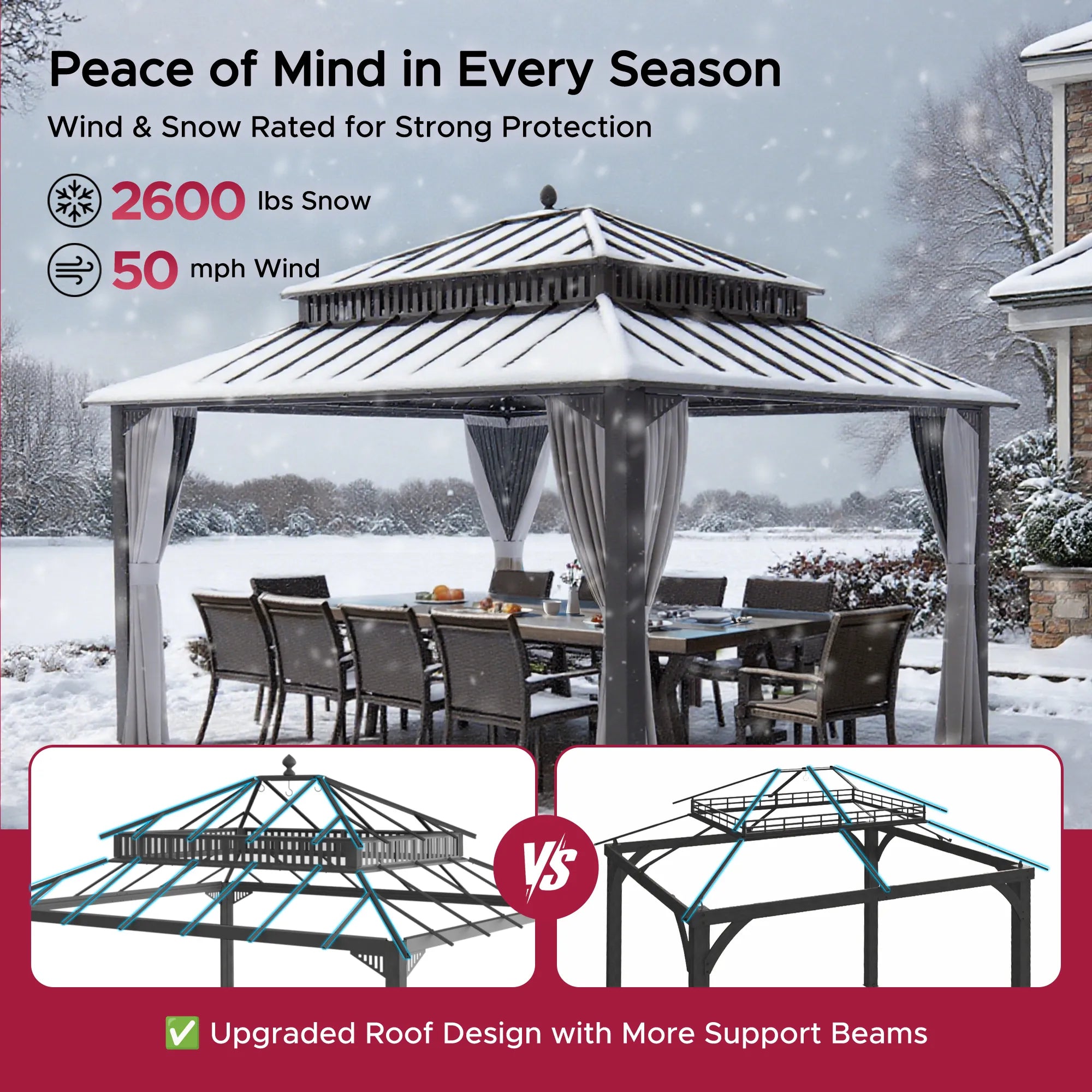 MazonvintageKingston 12x14 Gazebo with Netting & Curtain | Steel Roof - Brown Aluminum Posts