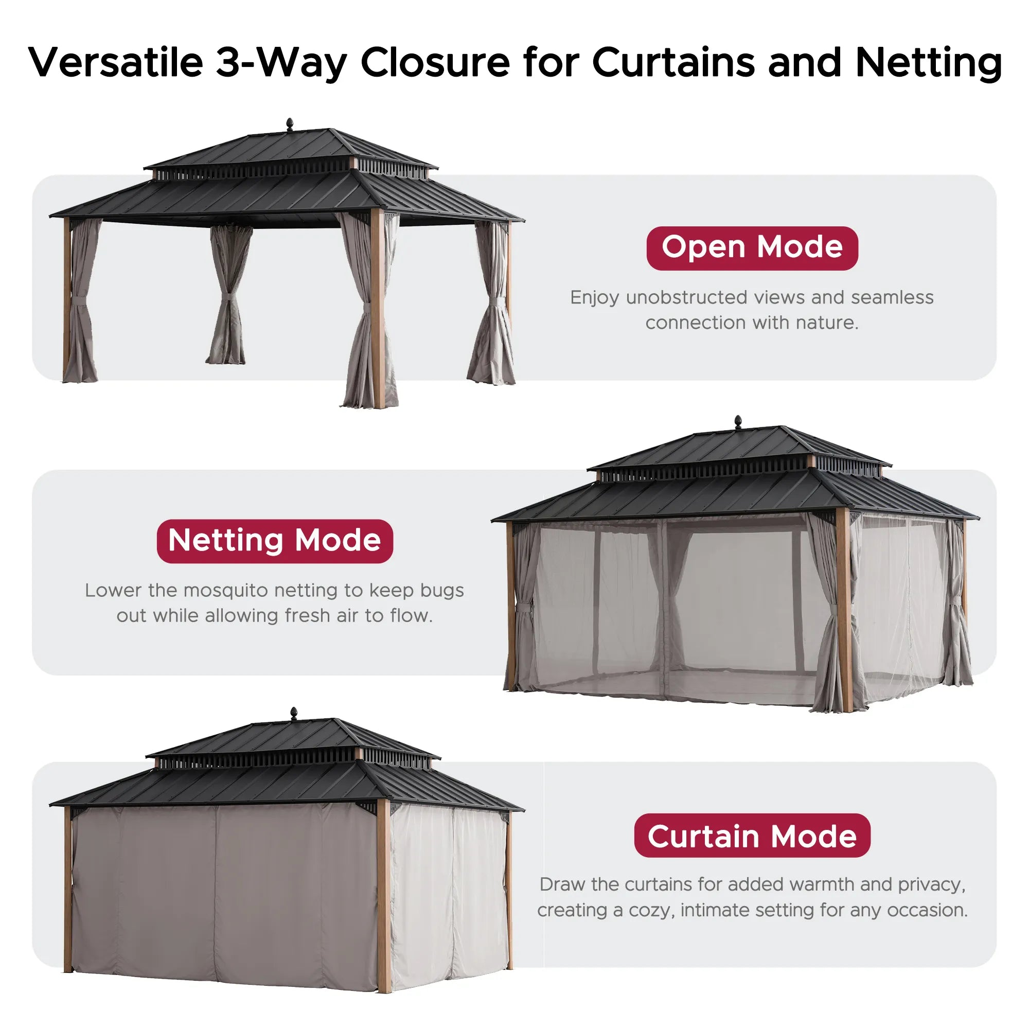 Mazonvintage Kingston 12x16 Gazebo with Netting & Curtain | Steel Roof - Woodgrain Aluminum Posts