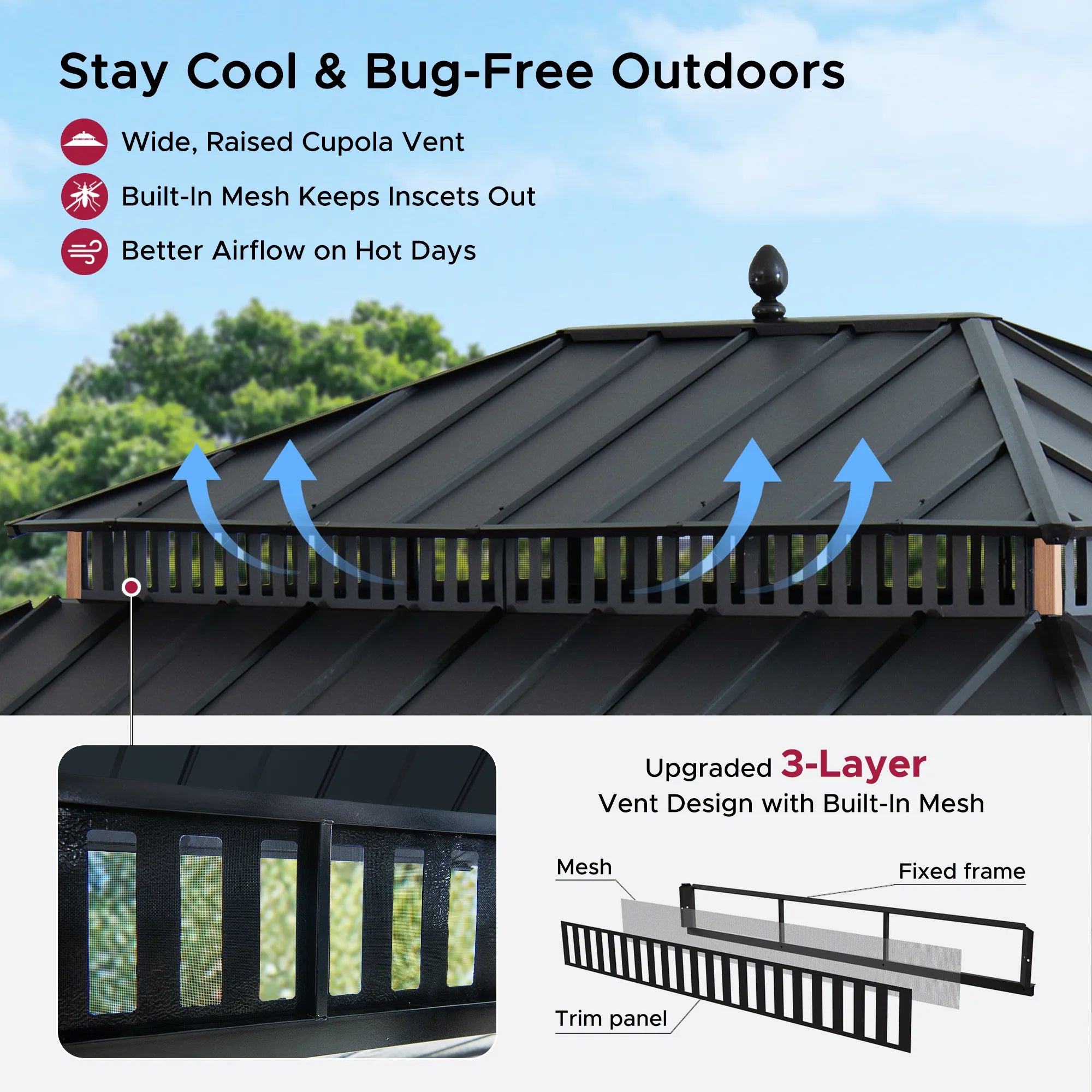 Mazonvintage Kingston 12x16 Gazebo with Netting & Curtain | Steel Roof - Woodgrain Aluminum Posts