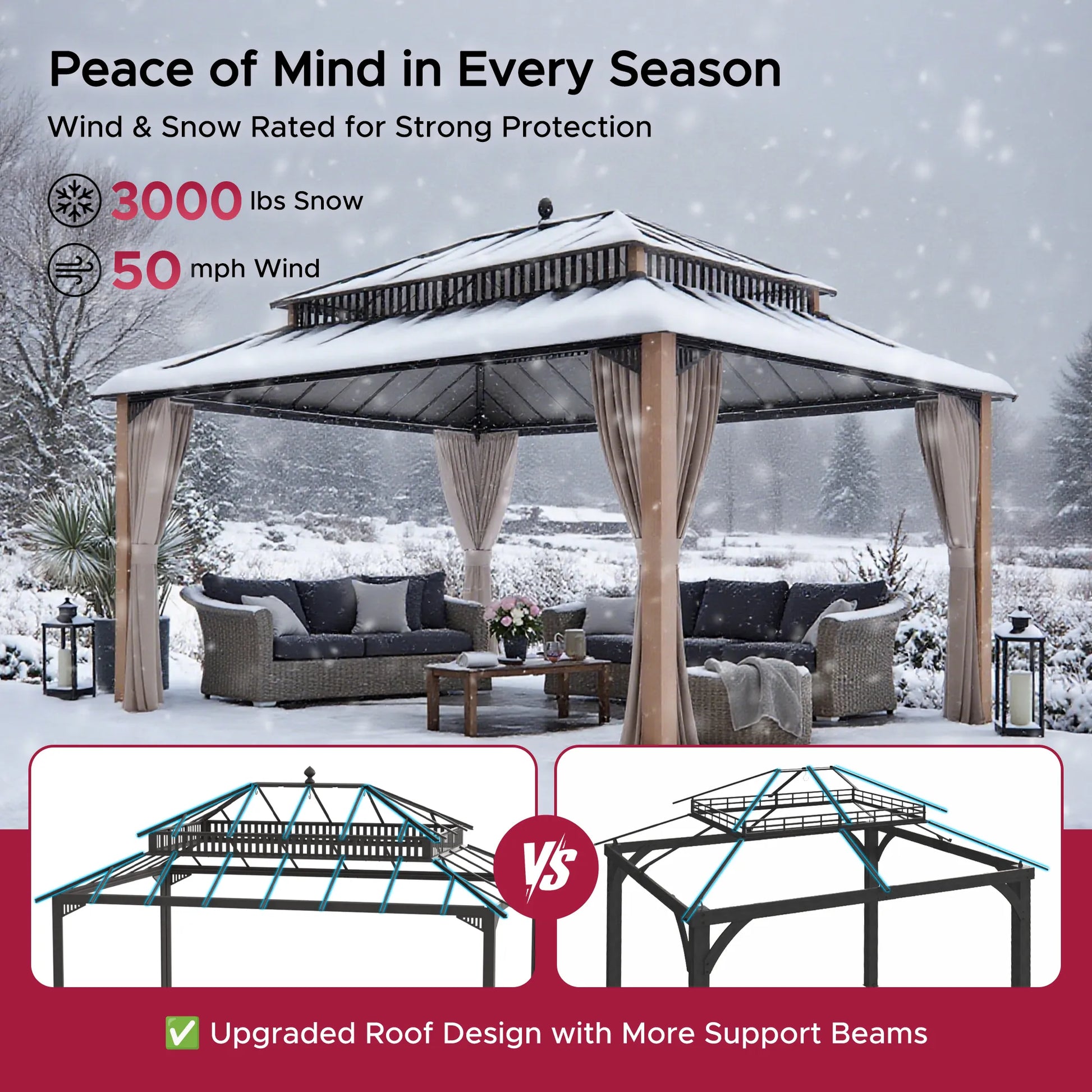 Mazonvintage Kingston 12x16 Gazebo with Netting & Curtain | Steel Roof - Woodgrain Aluminum Posts