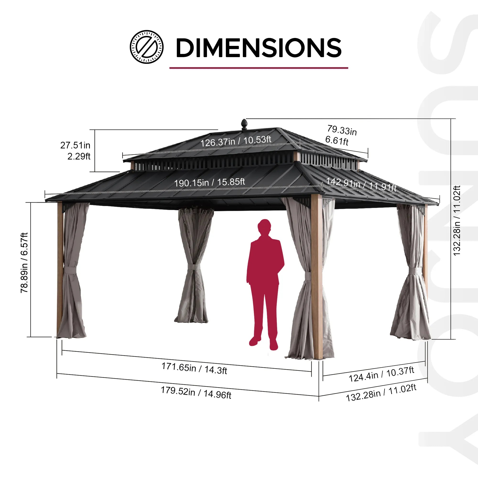 Mazonvintage Kingston 12x16 Gazebo with Netting & Curtain | Steel Roof - Woodgrain Aluminum Posts