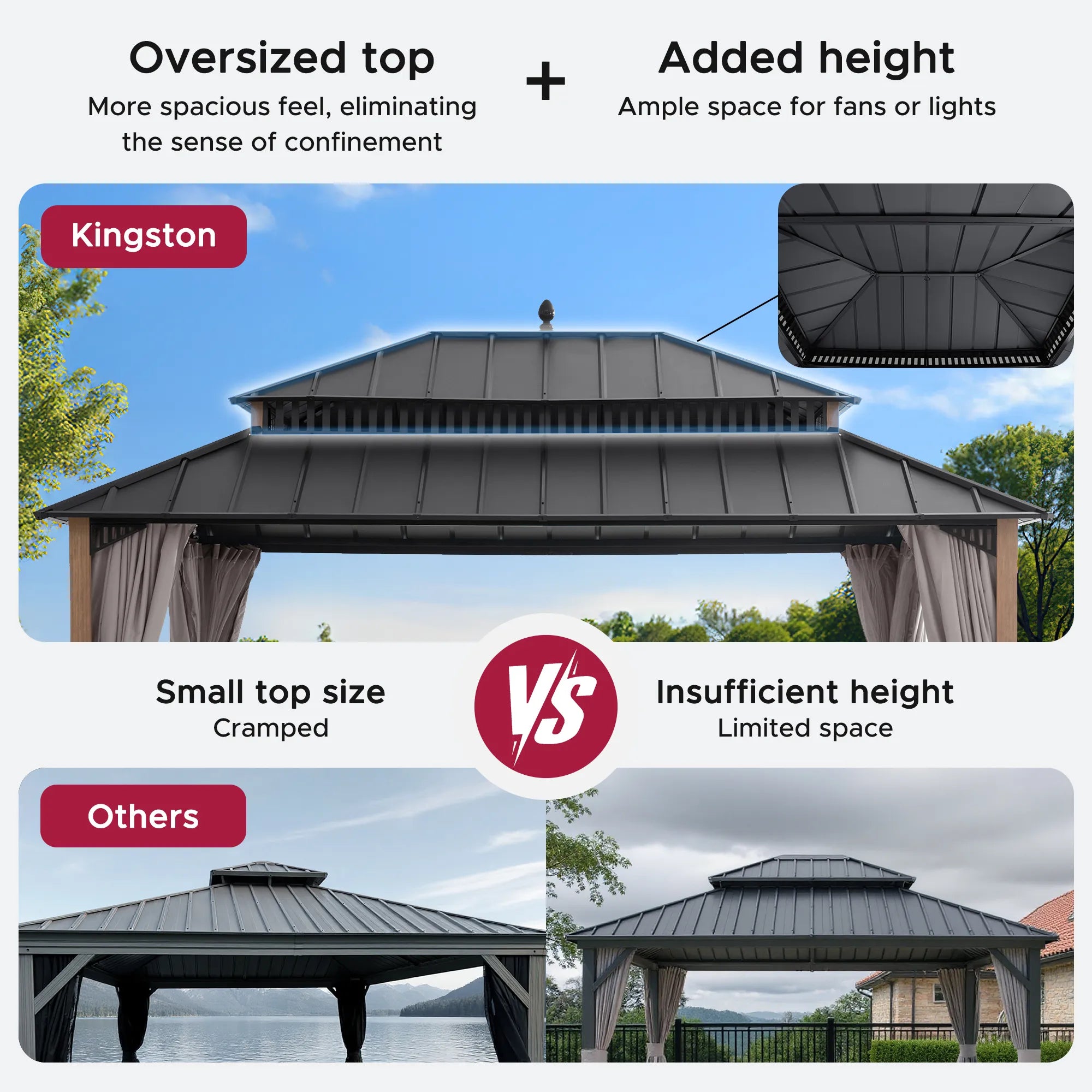 Mazonvintage Kingston 12x16 Gazebo with Netting & Curtain | Steel Roof - Woodgrain Aluminum Posts