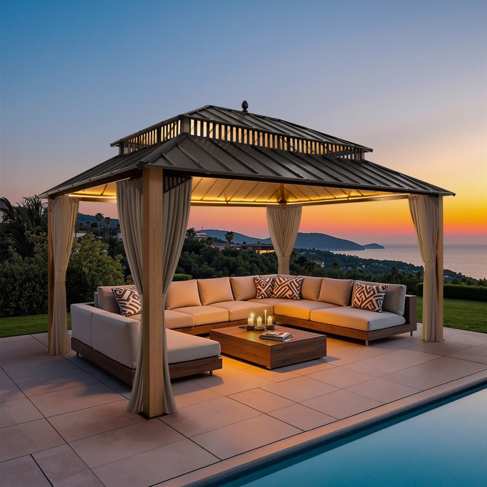 Mazonvintage Kingston 12x16 Gazebo with Netting & Curtain | Steel Roof - Woodgrain Aluminum Posts