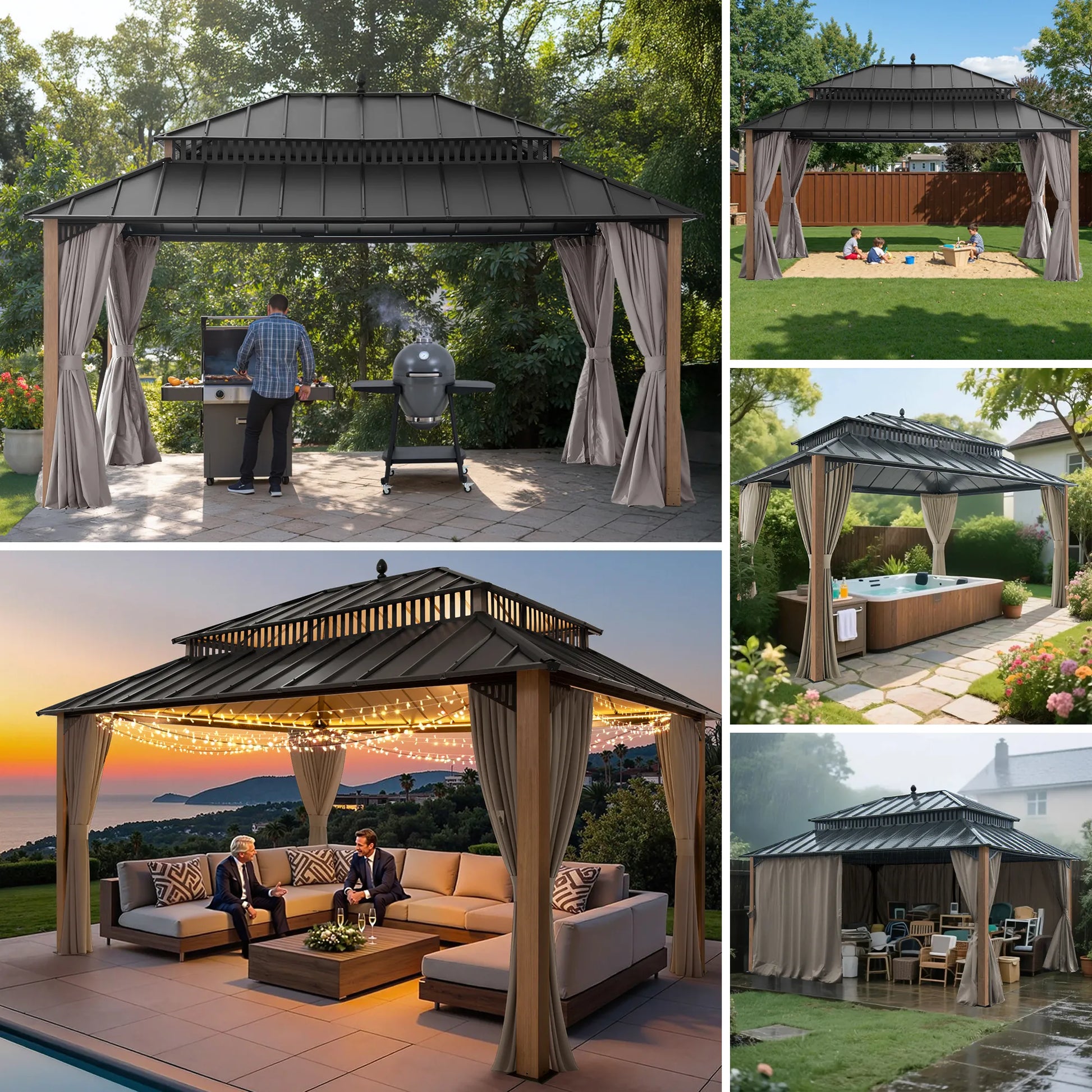 Mazonvintage Kingston 12x16 Gazebo with Netting & Curtain | Steel Roof - Woodgrain Aluminum Posts