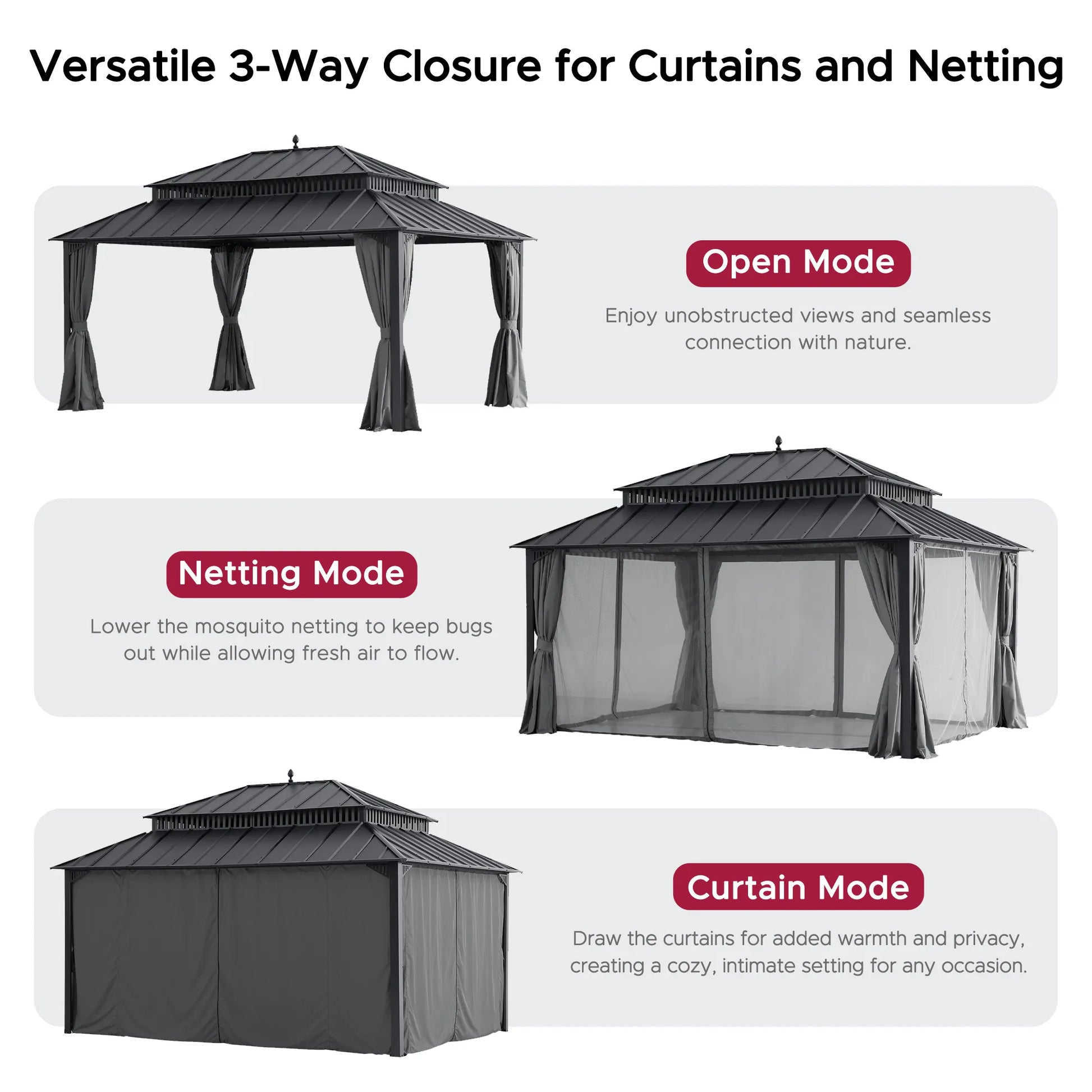MazonvintageKingston 12x16 Gazebo with Netting & Curtain | Steel Roof - Gray Aluminum Posts