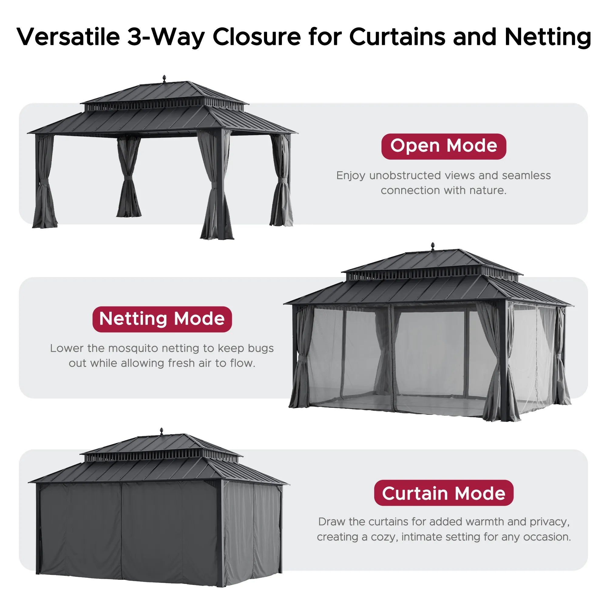 MazonvintageKingston 12x16 Gazebo with Netting & Curtain | Steel Roof - Gray Aluminum Posts