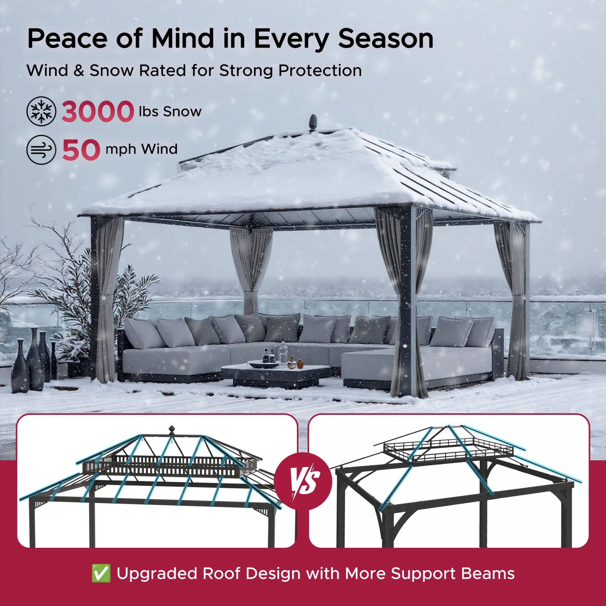 MazonvintageKingston 12x16 Gazebo with Netting & Curtain | Steel Roof - Gray Aluminum Posts