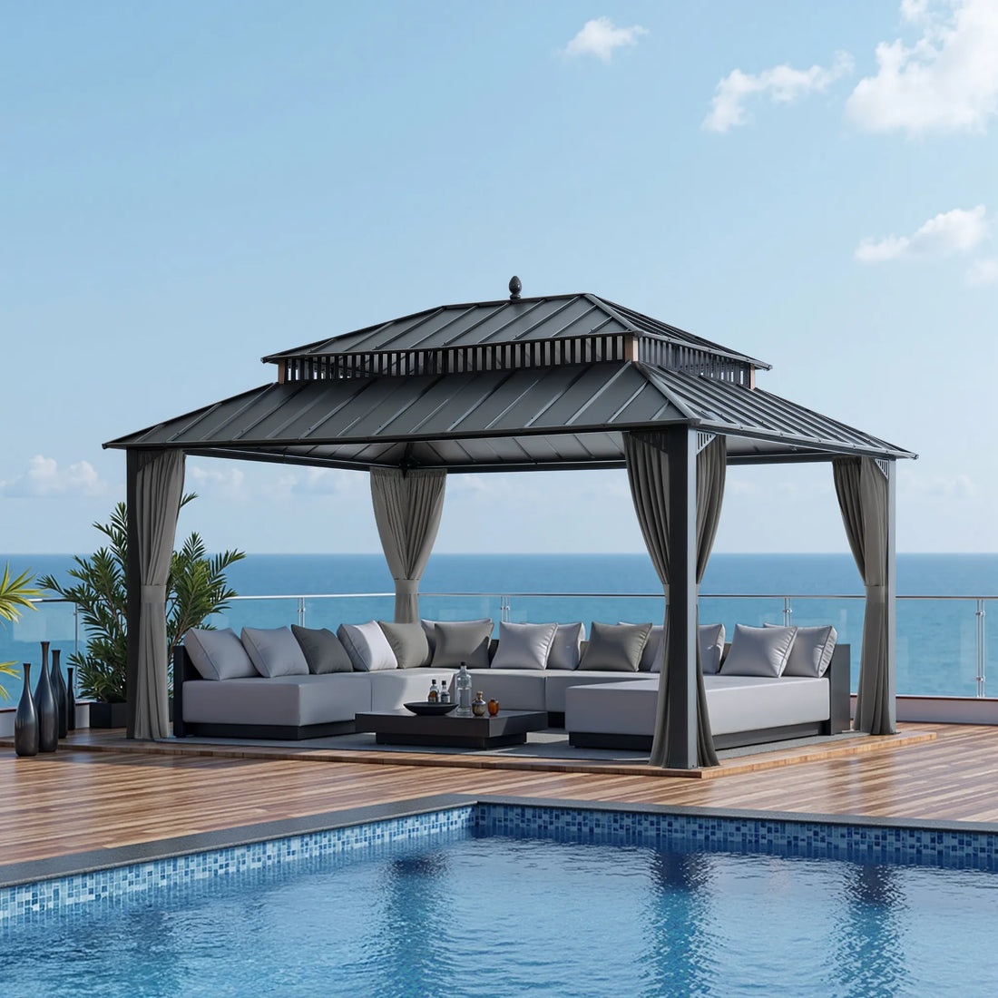 MazonvintageKingston 12x16 Gazebo with Netting & Curtain | Steel Roof - Gray Aluminum Posts