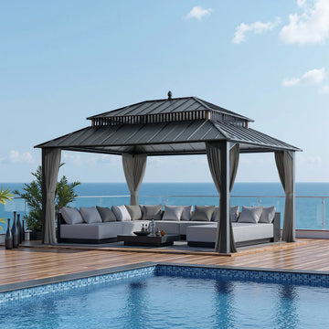 MazonvintageKingston 12x16 Gazebo with Netting & Curtain | Steel Roof - Gray Aluminum Posts