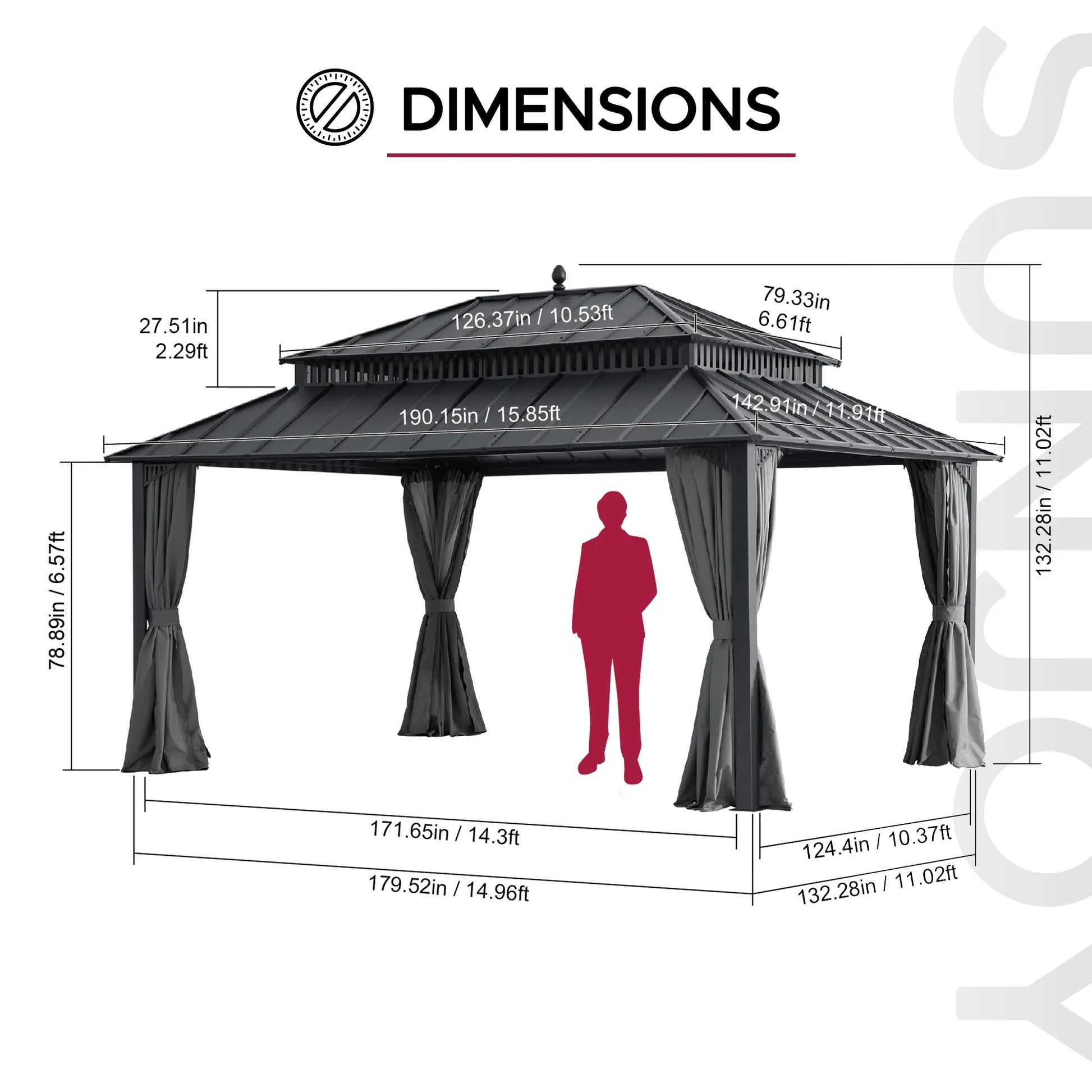 MazonvintageKingston 12x16 Gazebo with Netting & Curtain | Steel Roof - Gray Aluminum Posts