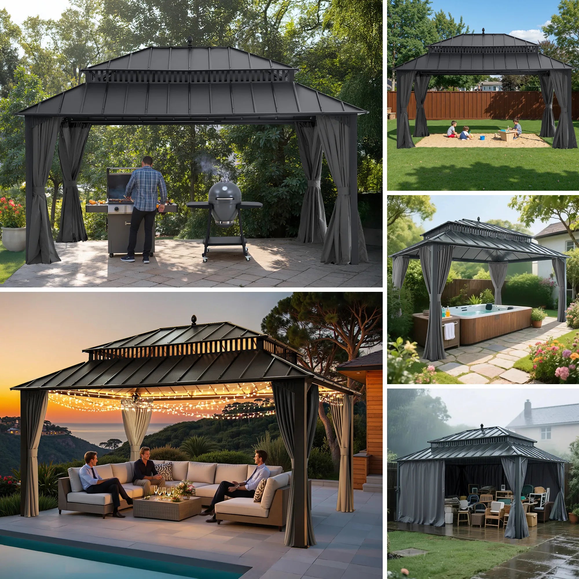 MazonvintageKingston 12x16 Gazebo with Netting & Curtain | Steel Roof - Gray Aluminum Posts