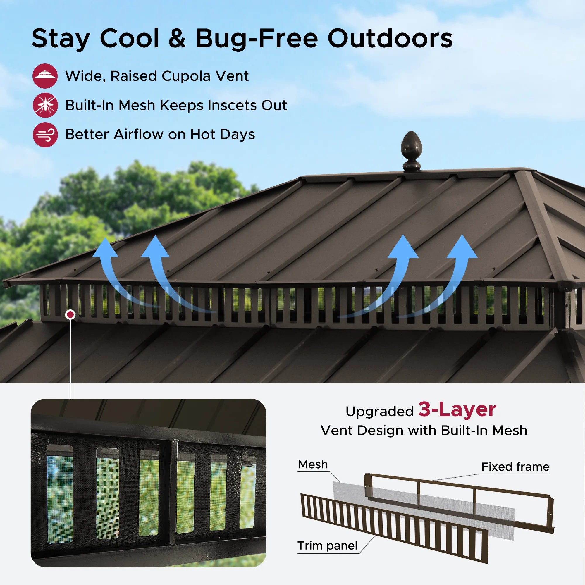 MazonvintageKingston 12x16 Gazebo with Netting & Curtain | Steel Roof - Brown Aluminum Posts
