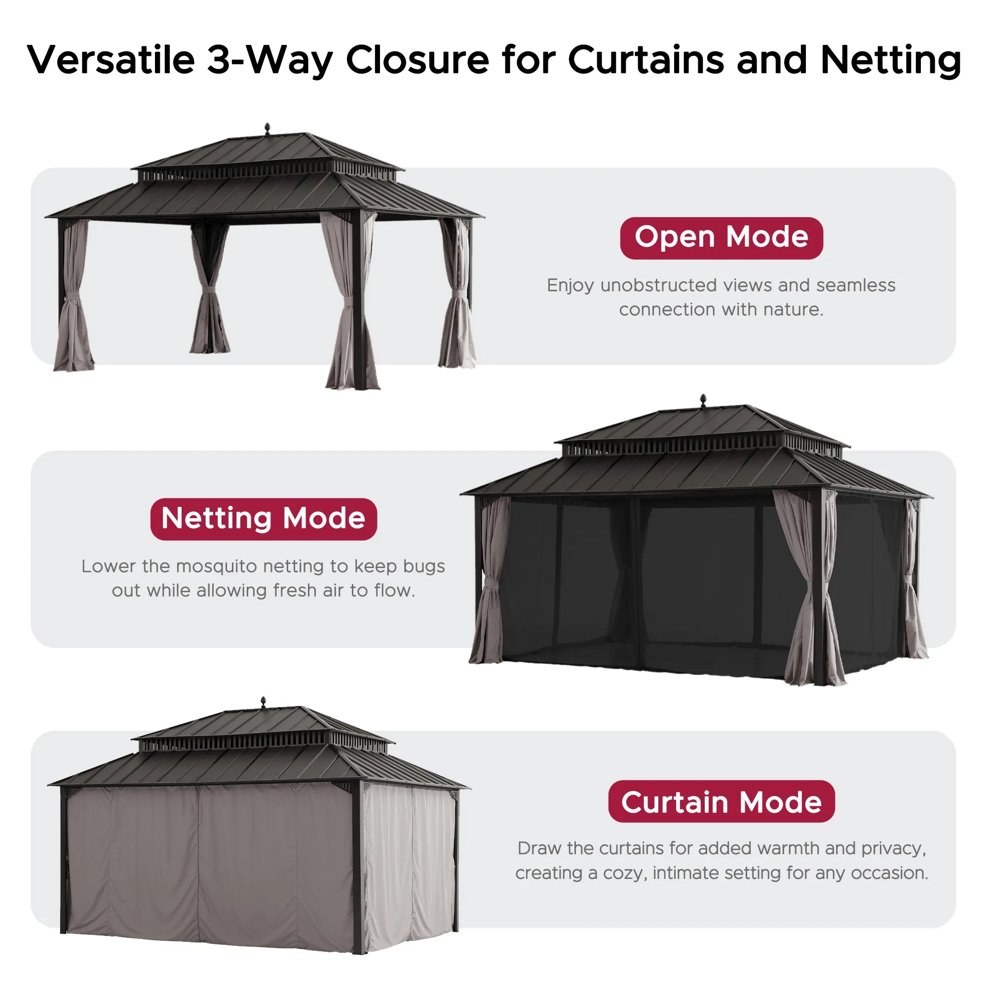MazonvintageKingston 12x16 Gazebo with Netting & Curtain | Steel Roof - Brown Aluminum Posts