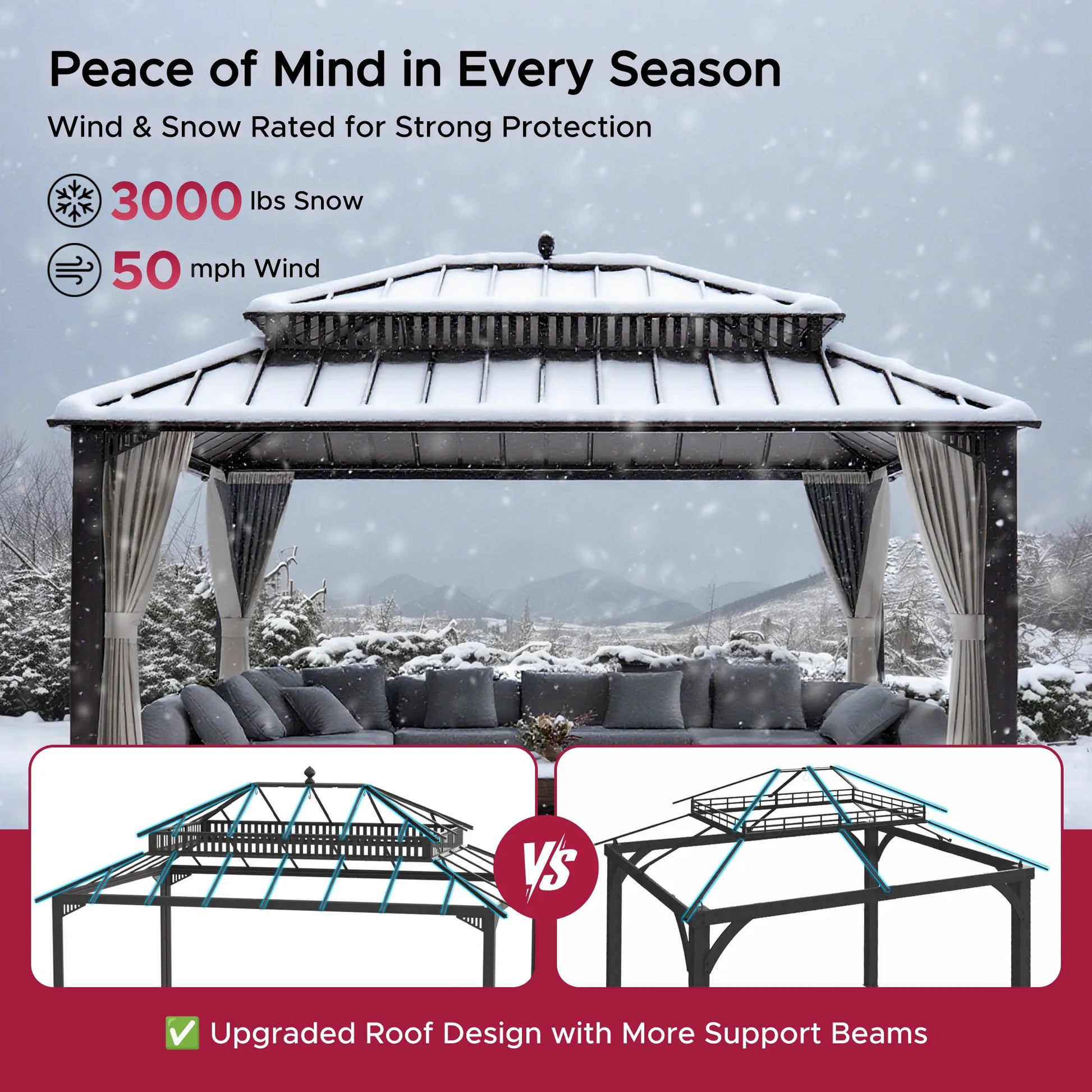 MazonvintageKingston 12x16 Gazebo with Netting & Curtain | Steel Roof - Brown Aluminum Posts