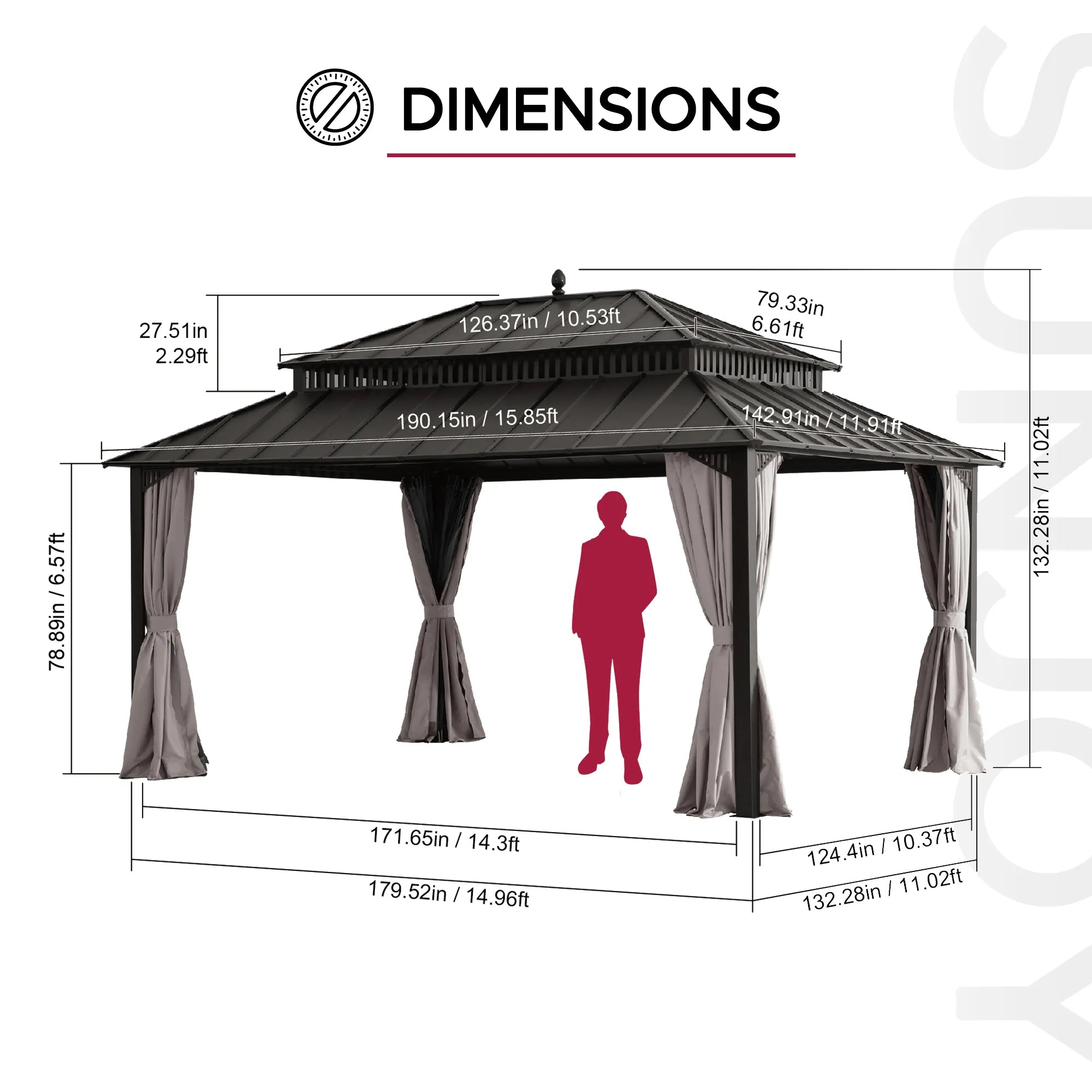 MazonvintageKingston 12x16 Gazebo with Netting & Curtain | Steel Roof - Brown Aluminum Posts