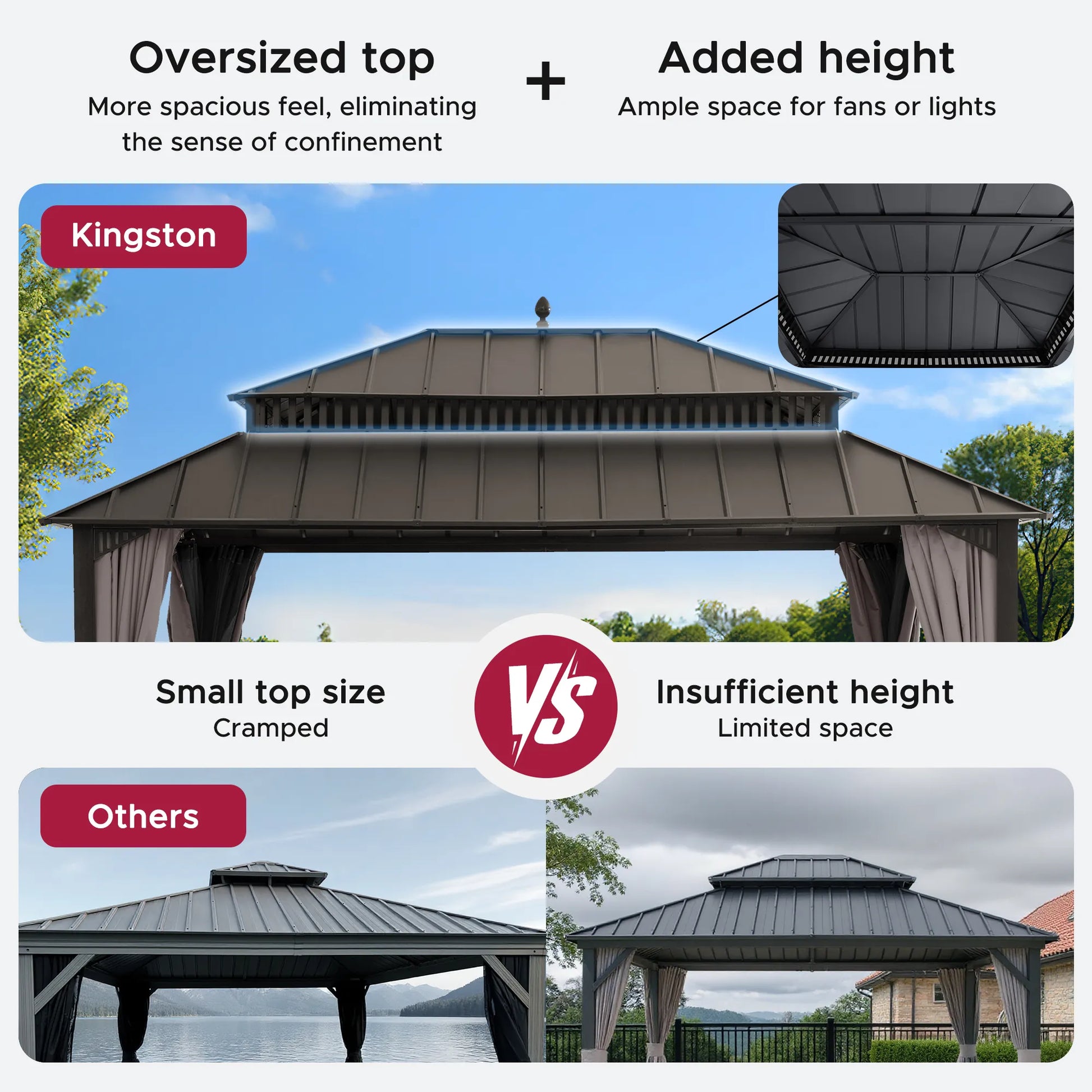 MazonvintageKingston 12x16 Gazebo with Netting & Curtain | Steel Roof - Brown Aluminum Posts