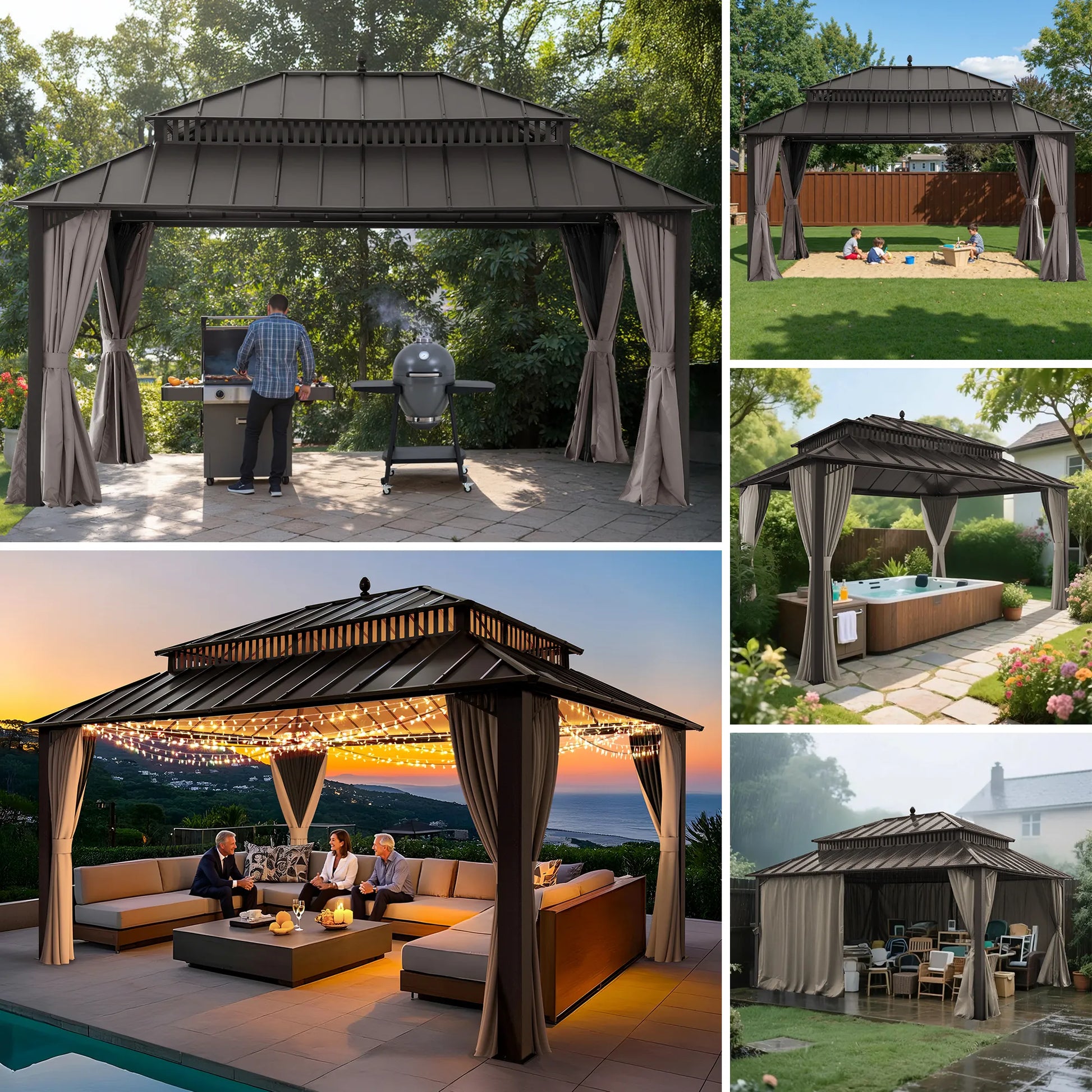 MazonvintageKingston 12x16 Gazebo with Netting & Curtain | Steel Roof - Brown Aluminum Posts