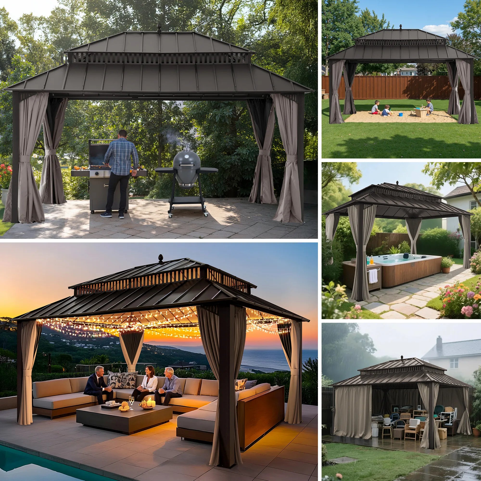 MazonvintageKingston 12x16 Gazebo with Netting & Curtain | Steel Roof - Brown Aluminum Posts