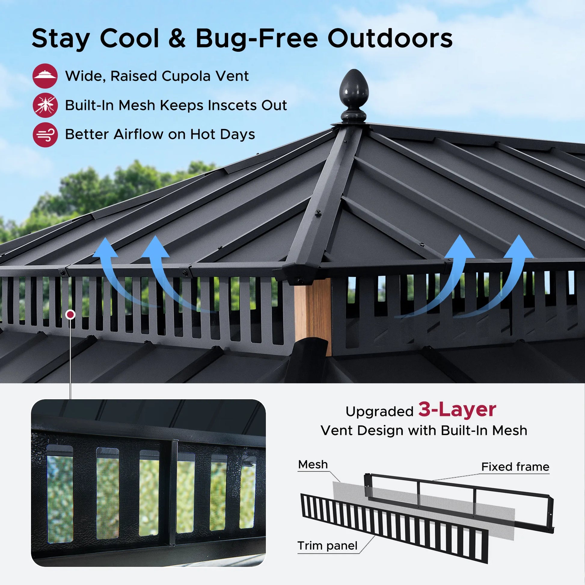 Mazonvintage Kingston 12x20 Gazebo with Netting & Curtain | Steel Roof - Woodgrain Aluminum Posts