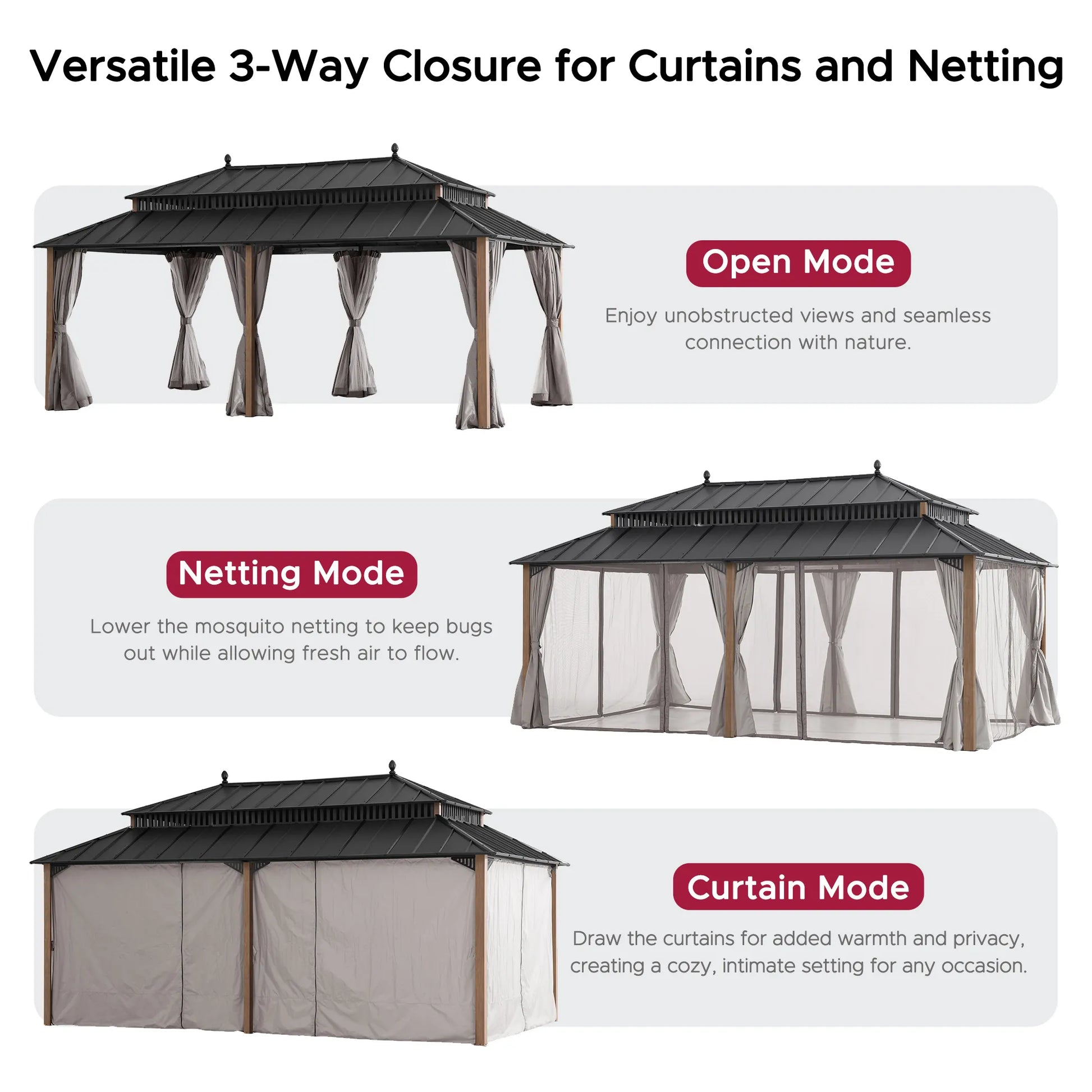 Mazonvintage Kingston 12x20 Gazebo with Netting & Curtain | Steel Roof - Woodgrain Aluminum Posts