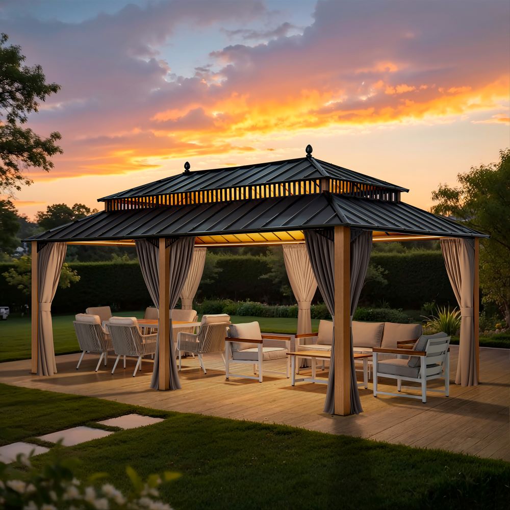 Mazonvintage Kingston 12x20 Gazebo with Netting & Curtain | Steel Roof - Woodgrain Aluminum Posts