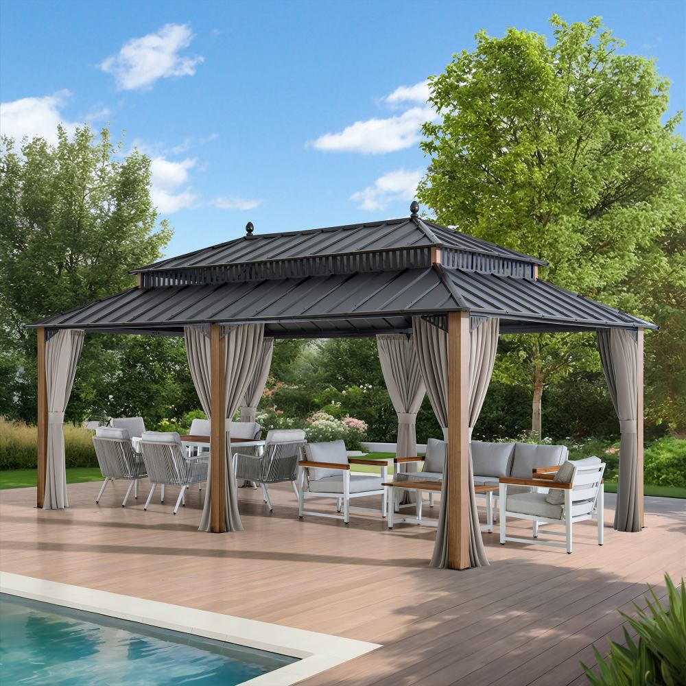 Mazonvintage Kingston 12x20 Gazebo with Netting & Curtain | Steel Roof - Woodgrain Aluminum Posts