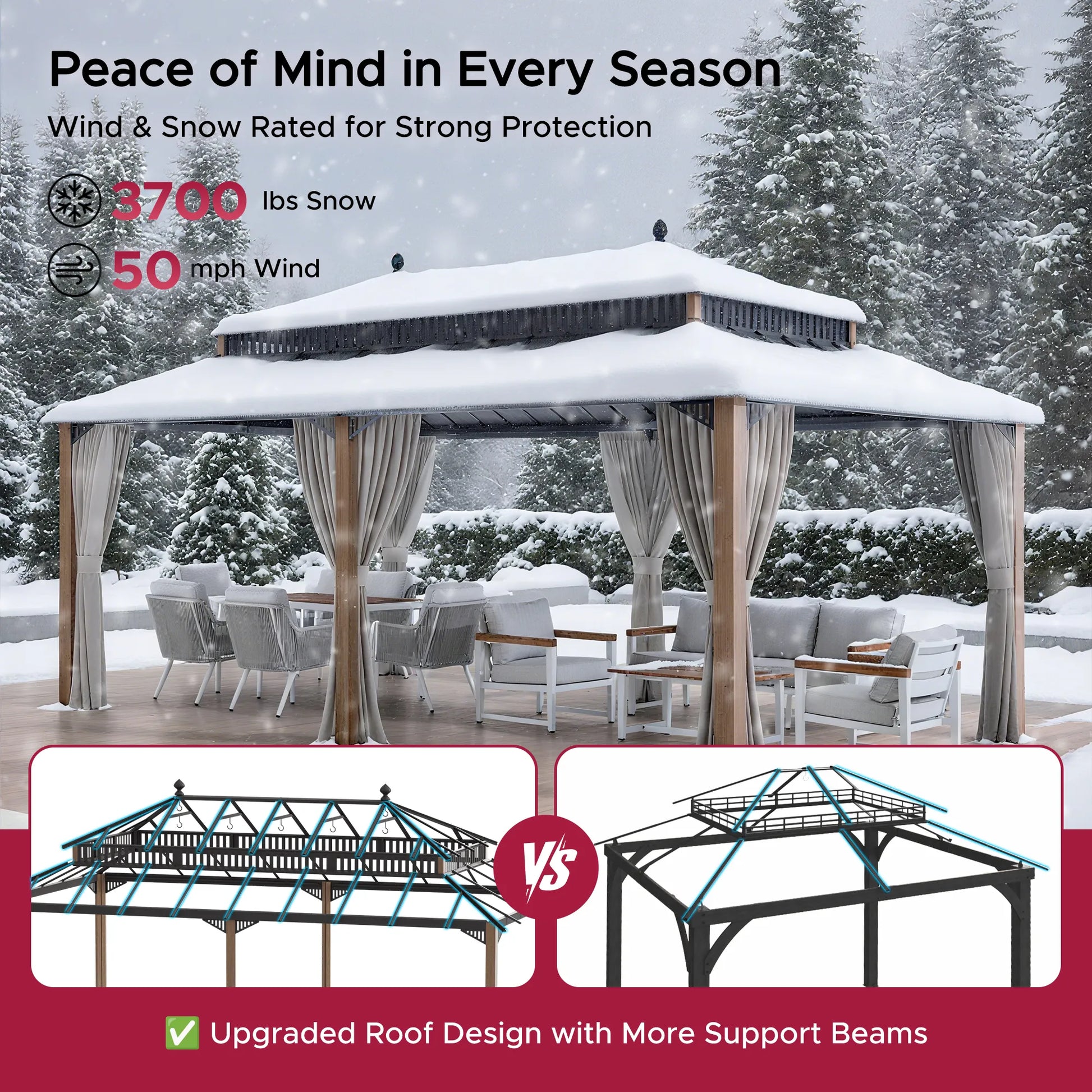 Mazonvintage Kingston 12x20 Gazebo with Netting & Curtain | Steel Roof - Woodgrain Aluminum Posts