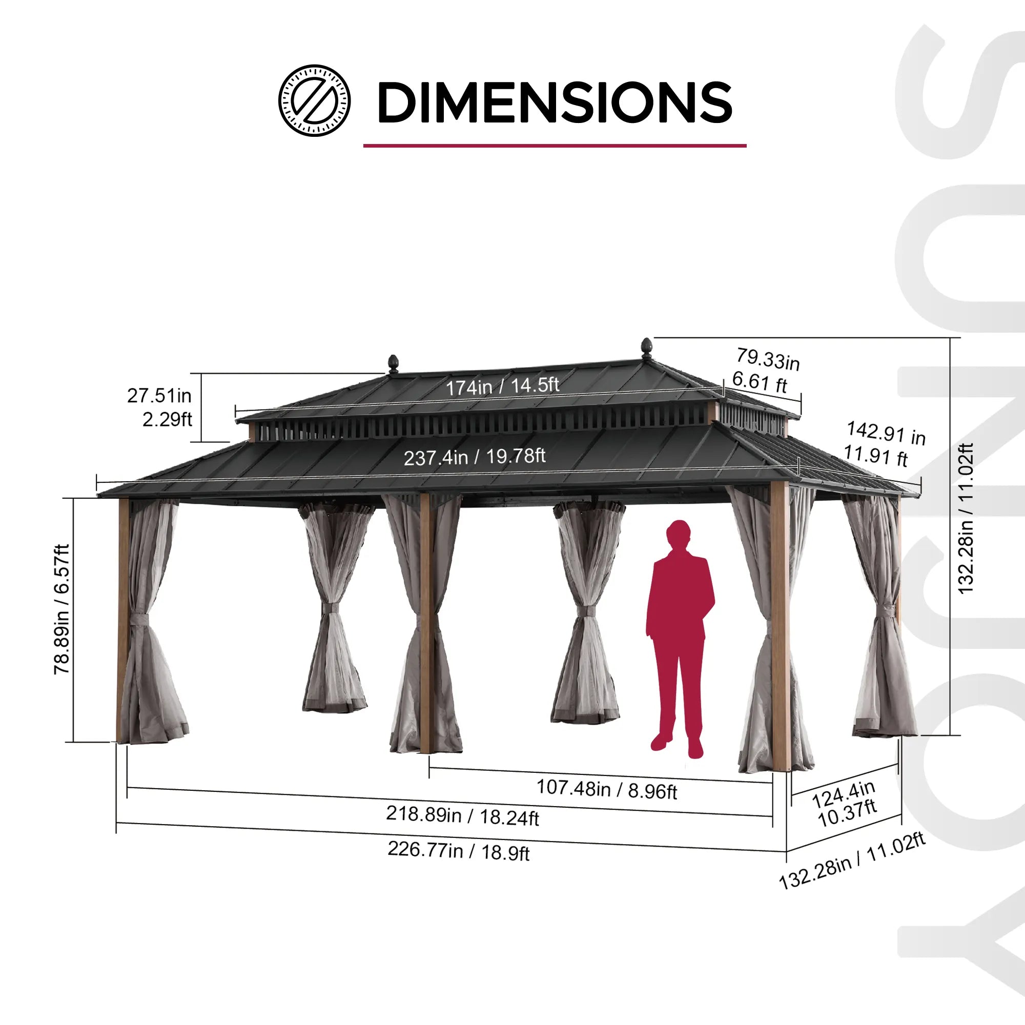 Mazonvintage Kingston 12x20 Gazebo with Netting & Curtain | Steel Roof - Woodgrain Aluminum Posts