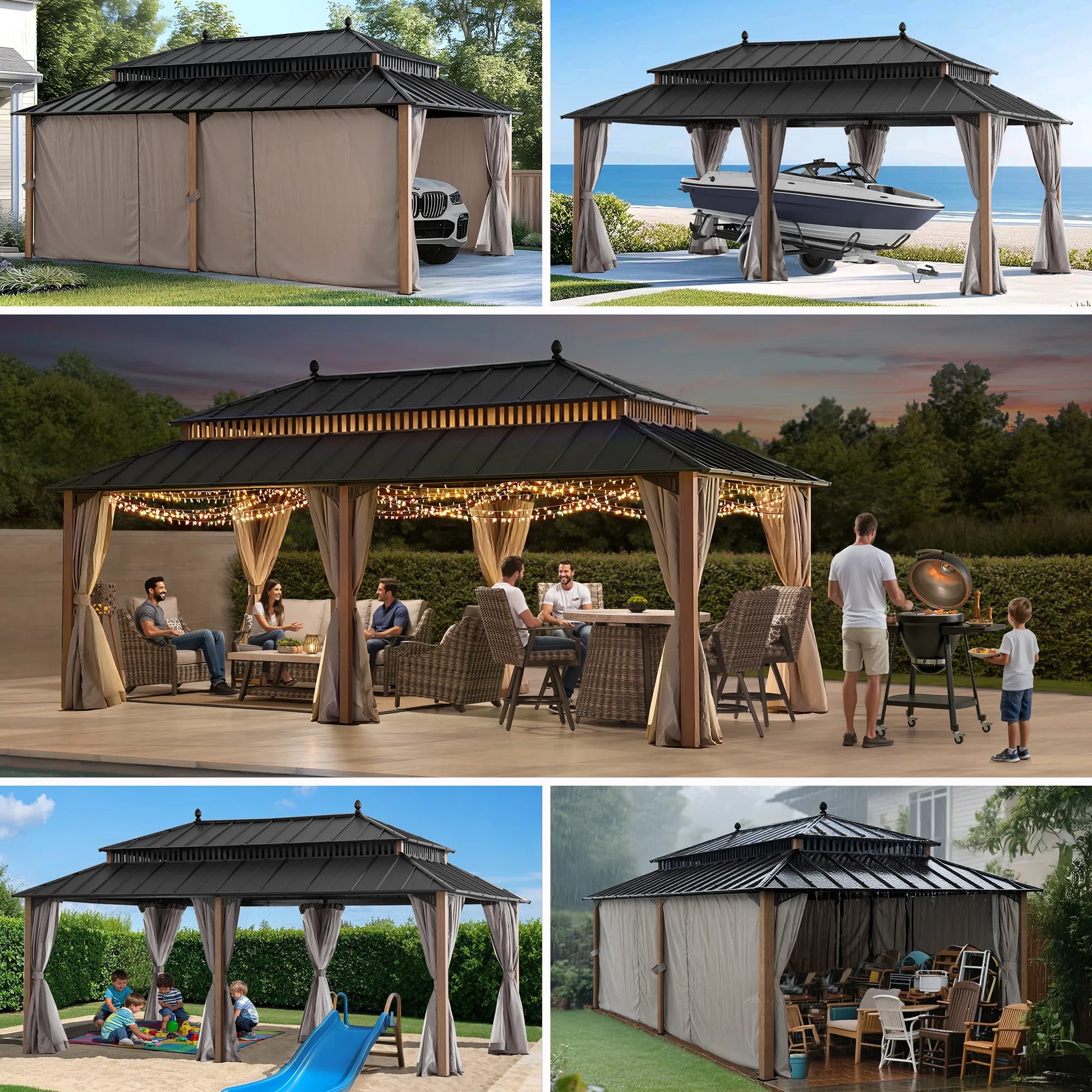 Mazonvintage Kingston 12x20 Gazebo with Netting & Curtain | Steel Roof - Woodgrain Aluminum Posts