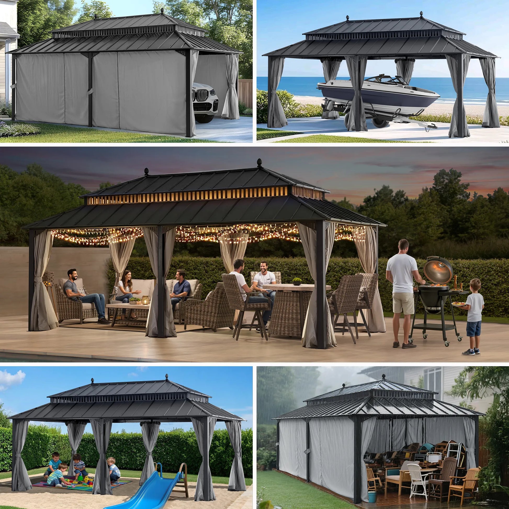 MazonvintageKingston 12x20 Gazebo with Netting & Curtain | Steel Roof - Gray Aluminum Posts