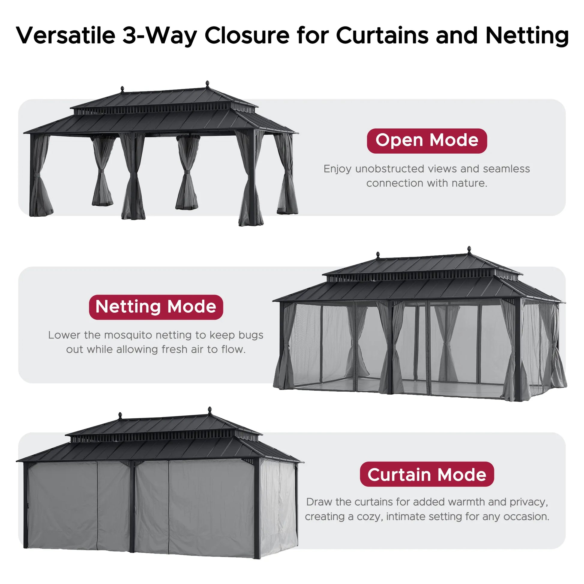 MazonvintageKingston 12x20 Gazebo with Netting & Curtain | Steel Roof - Gray Aluminum Posts