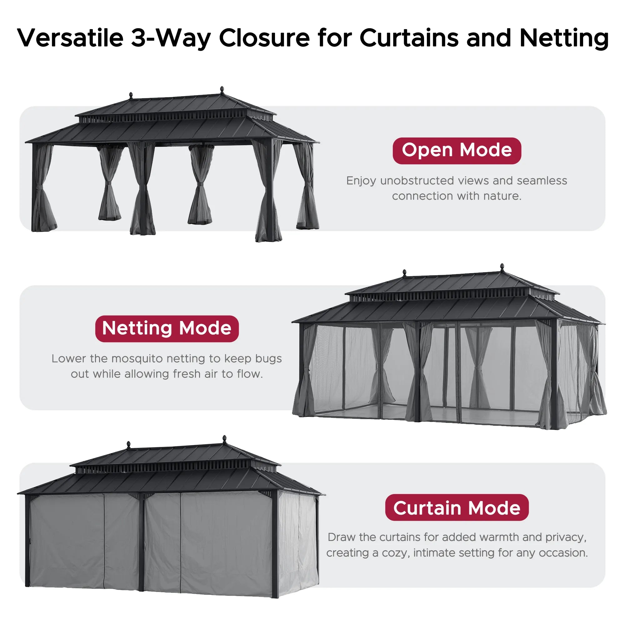 MazonvintageKingston 12x20 Gazebo with Netting & Curtain | Steel Roof - Gray Aluminum Posts