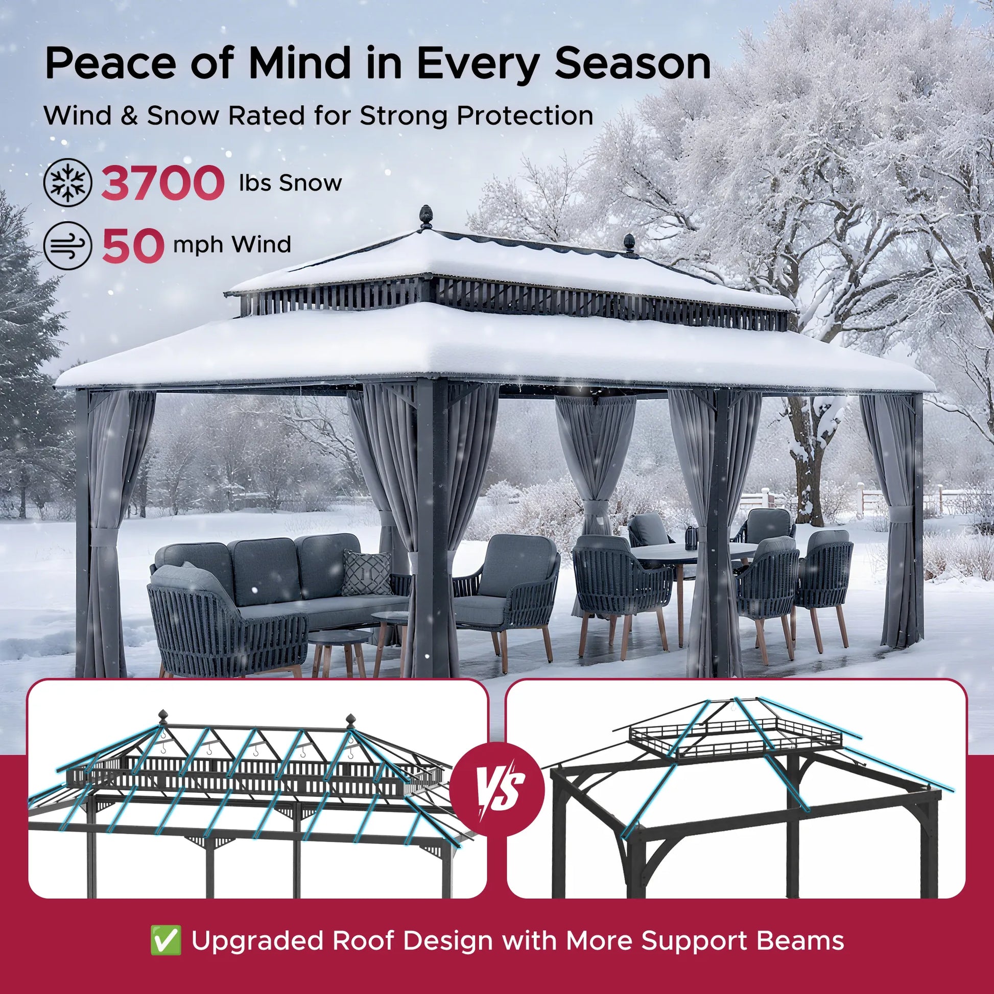 MazonvintageKingston 12x20 Gazebo with Netting & Curtain | Steel Roof - Gray Aluminum Posts