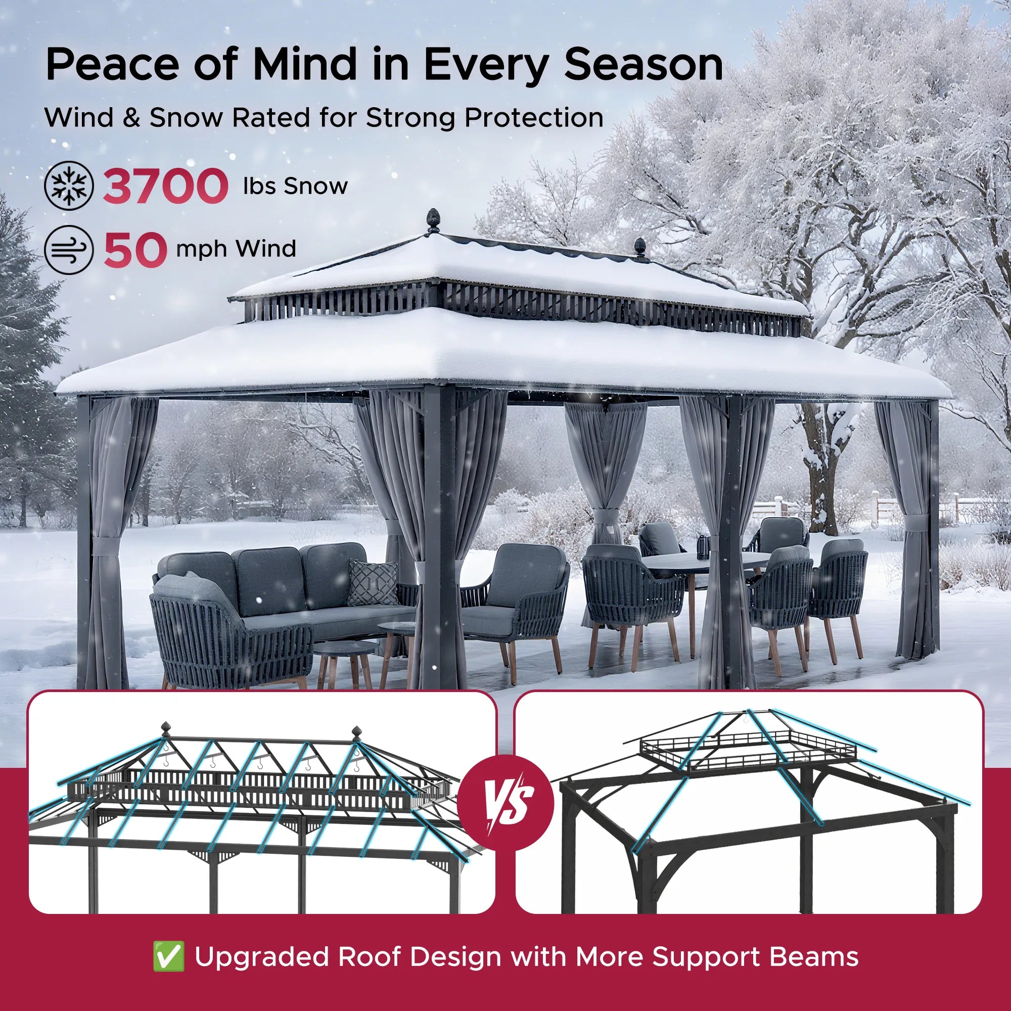 MazonvintageKingston 12x20 Gazebo with Netting & Curtain | Steel Roof - Gray Aluminum Posts