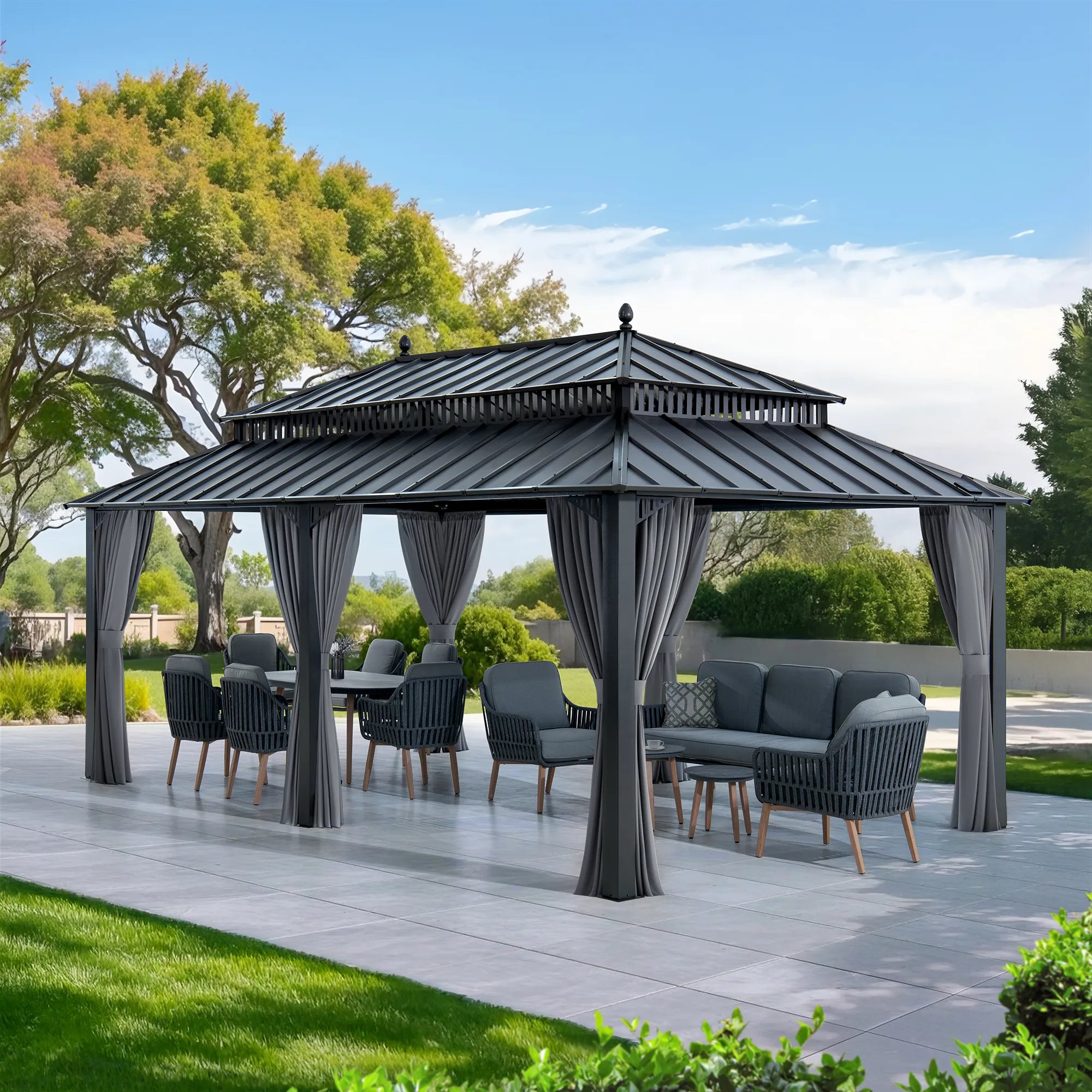 MazonvintageKingston 12x20 Gazebo with Netting & Curtain | Steel Roof - Gray Aluminum Posts