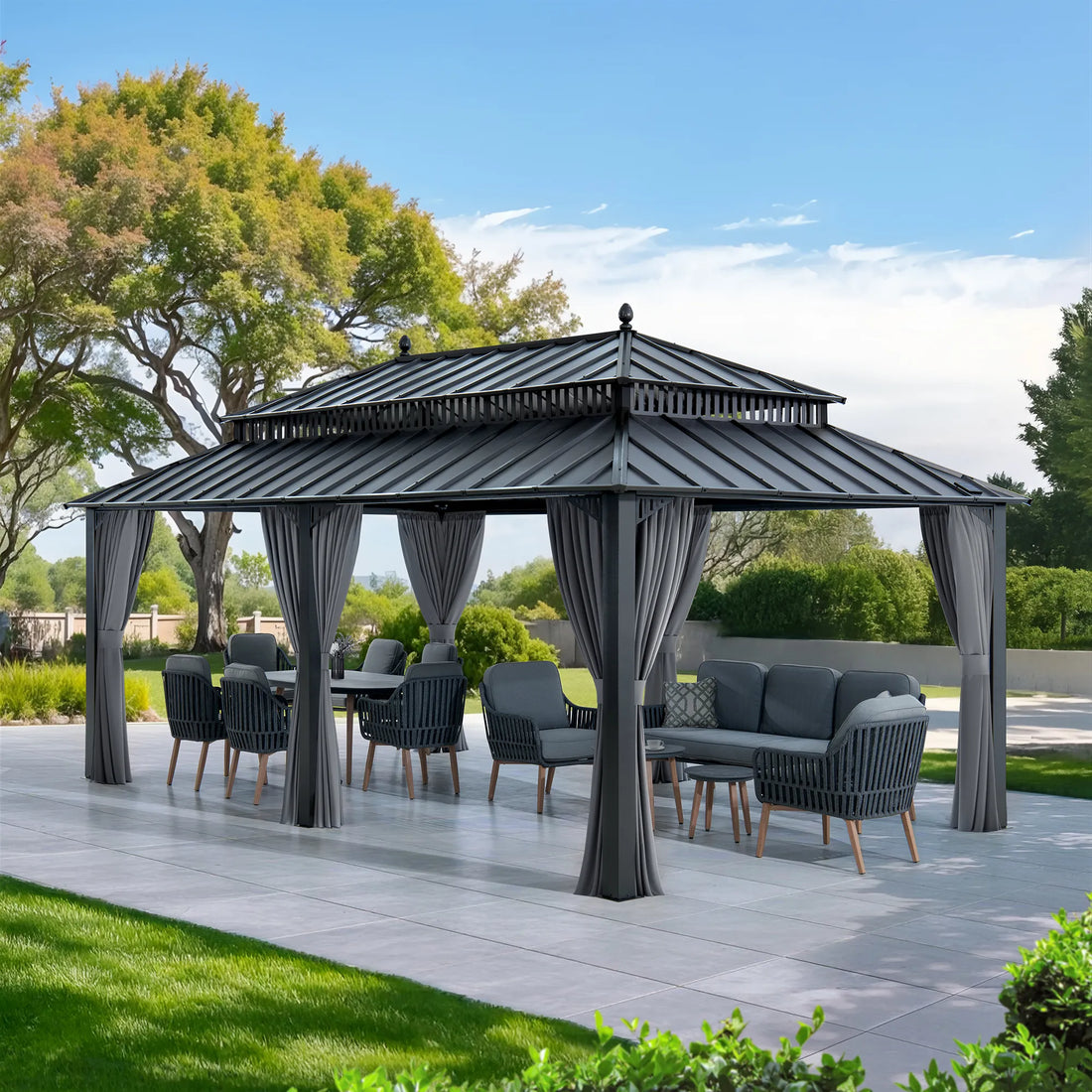 MazonvintageKingston 12x20 Gazebo with Netting & Curtain | Steel Roof - Gray Aluminum Posts