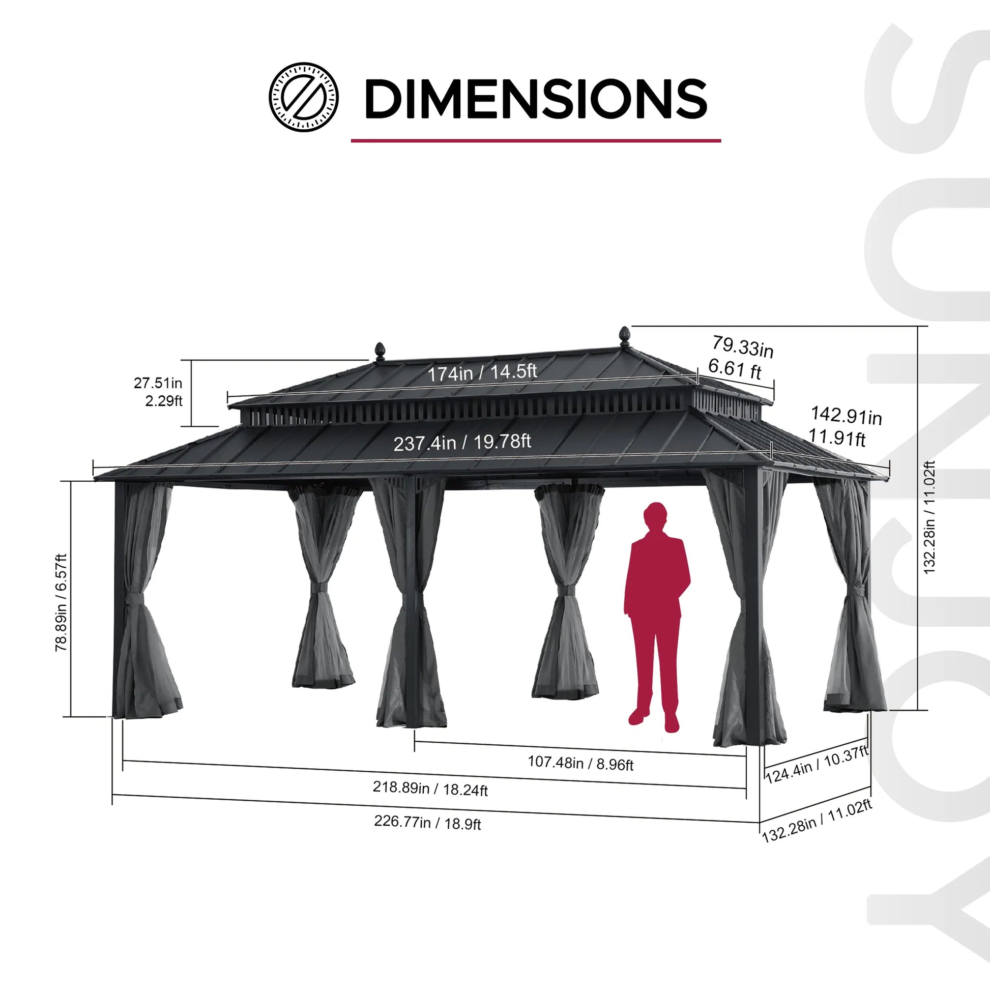 MazonvintageKingston 12x20 Gazebo with Netting & Curtain | Steel Roof - Gray Aluminum Posts