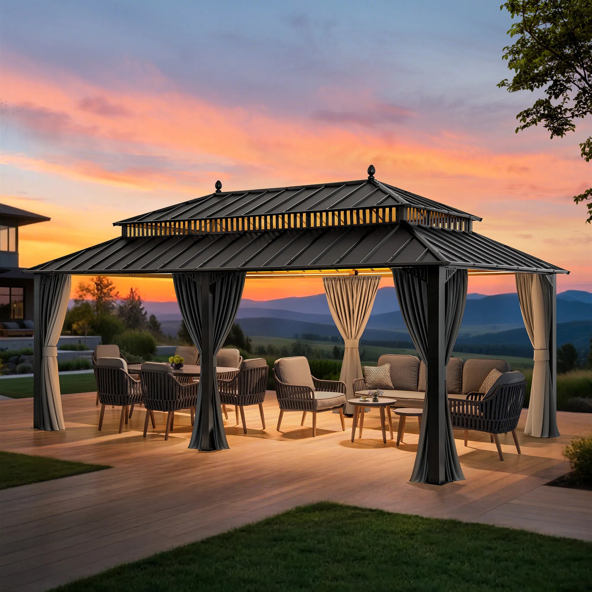 MazonvintageKingston 12x20 Gazebo with Netting & Curtain | Steel Roof - Gray Aluminum Posts