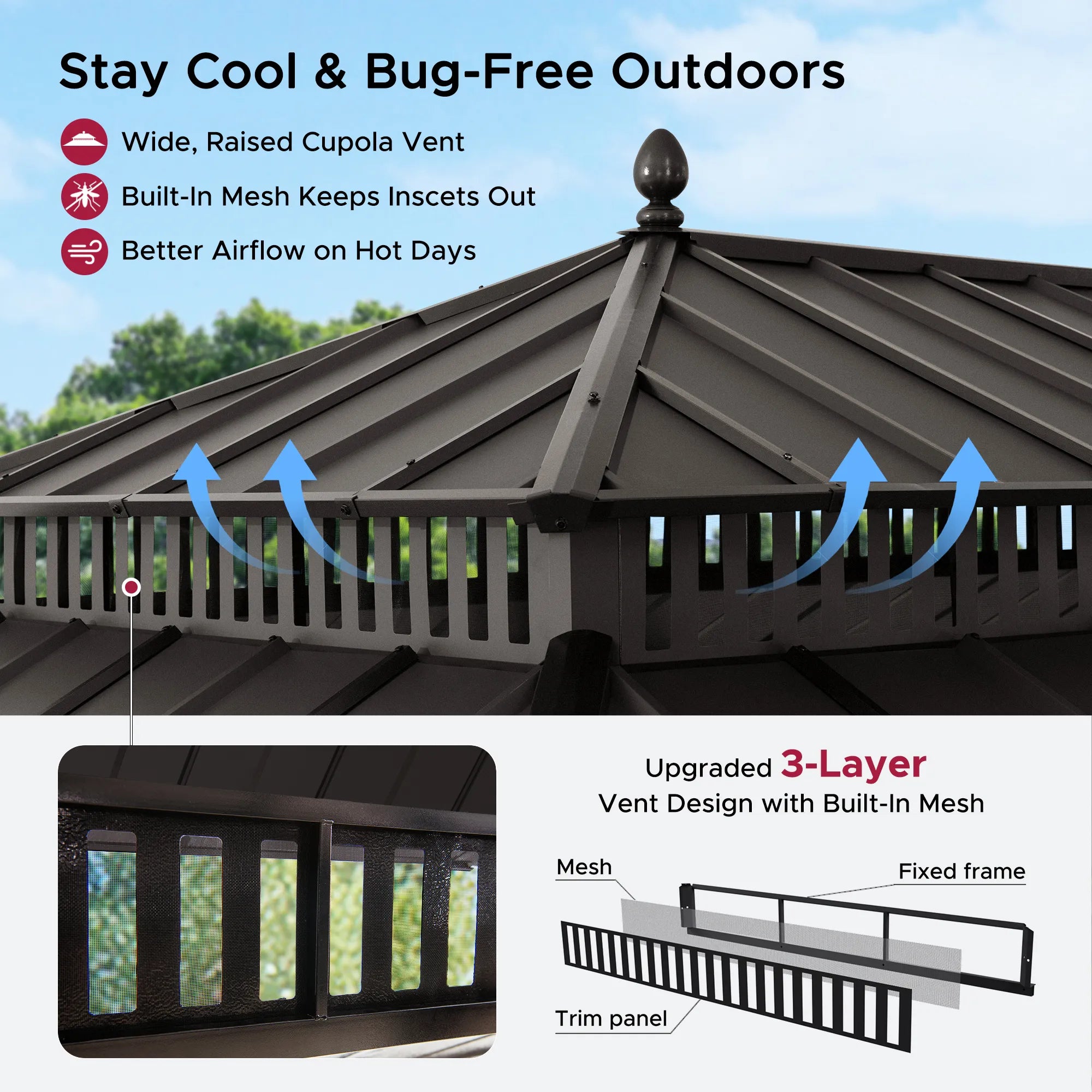 Mazonvintage Kingston 12x20 Gazebo with Netting & Curtain | Steel Roof - Brown Aluminum Posts