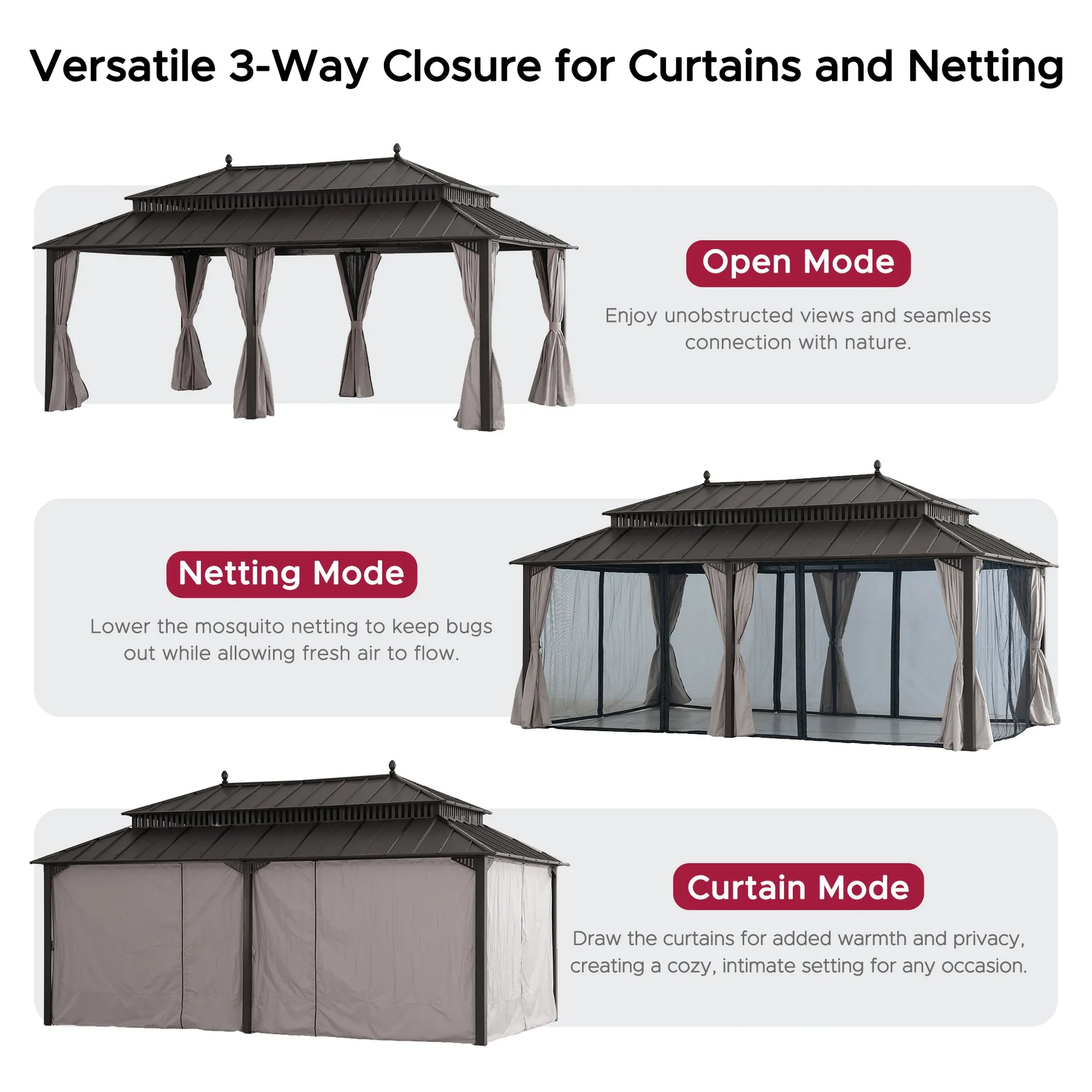 Mazonvintage Kingston 12x20 Gazebo with Netting & Curtain | Steel Roof - Brown Aluminum Posts