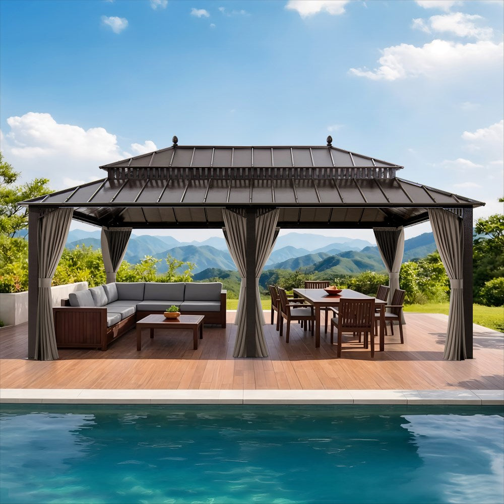 Mazonvintage Kingston 12x20 Gazebo with Netting & Curtain | Steel Roof - Brown Aluminum Posts