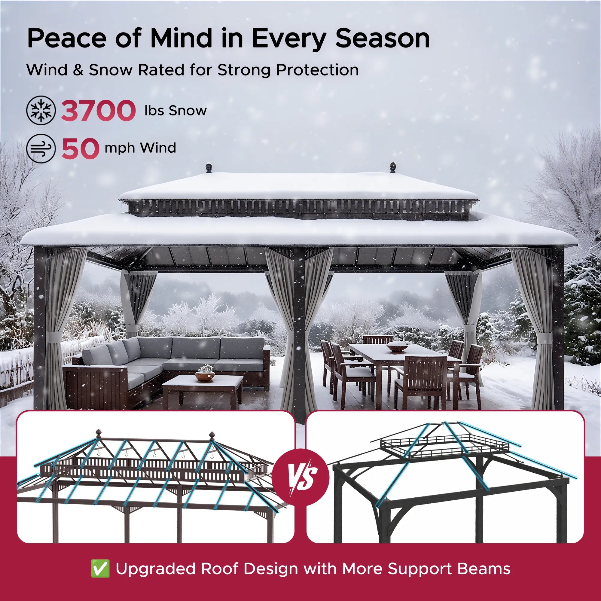 Mazonvintage Kingston 12x20 Gazebo with Netting & Curtain | Steel Roof - Brown Aluminum Posts