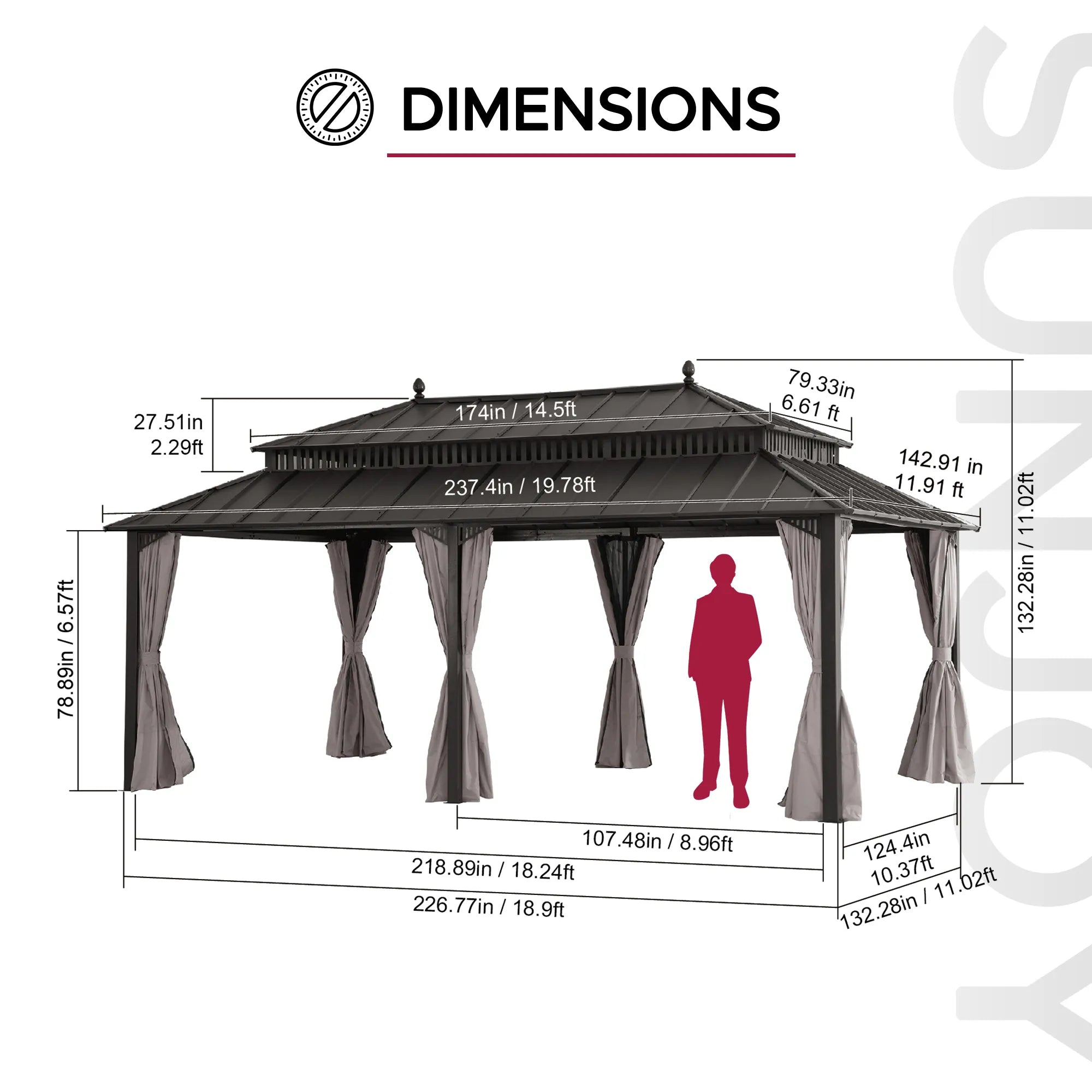 Mazonvintage Kingston 12x20 Gazebo with Netting & Curtain | Steel Roof - Brown Aluminum Posts