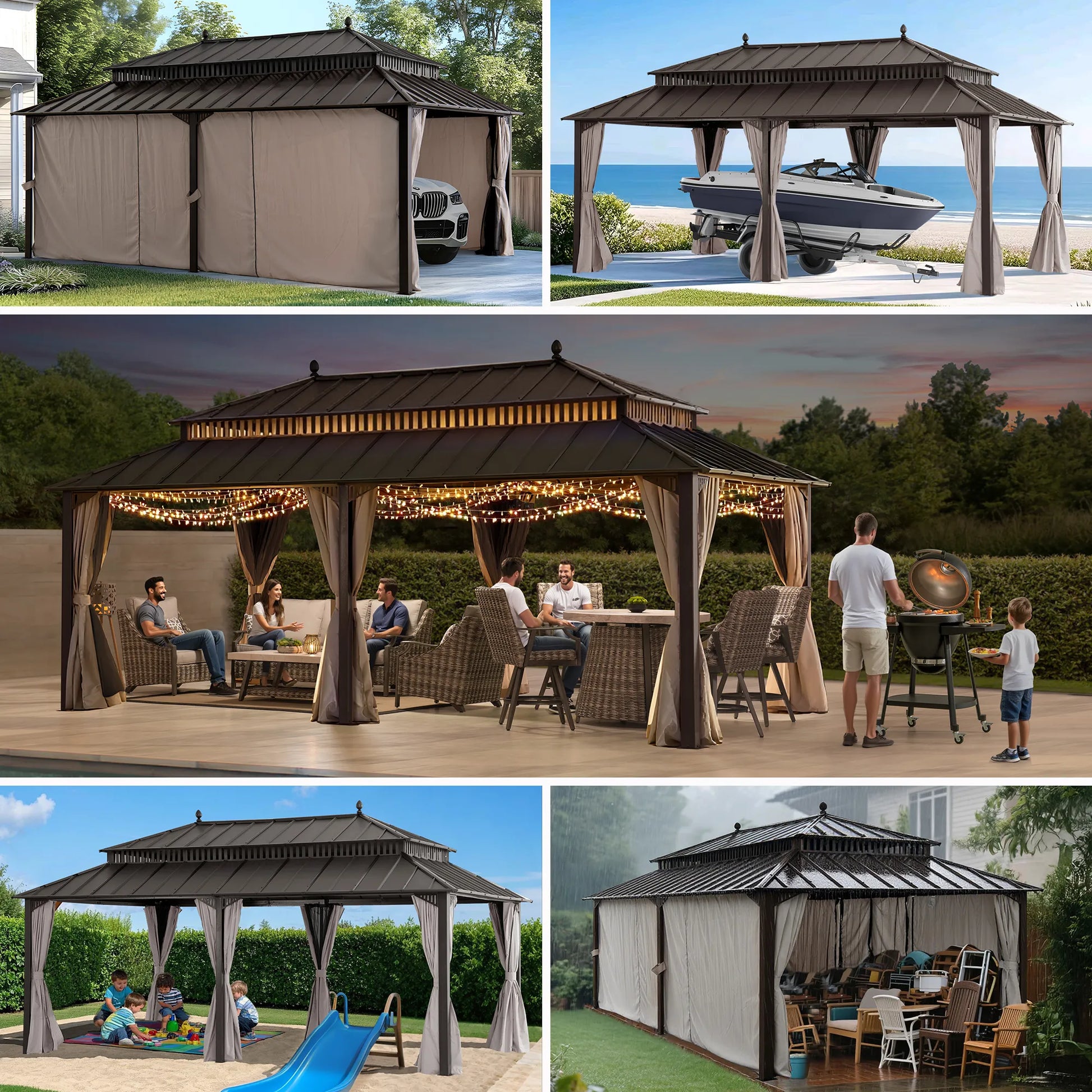 Mazonvintage Kingston 12x20 Gazebo with Netting & Curtain | Steel Roof - Brown Aluminum Posts