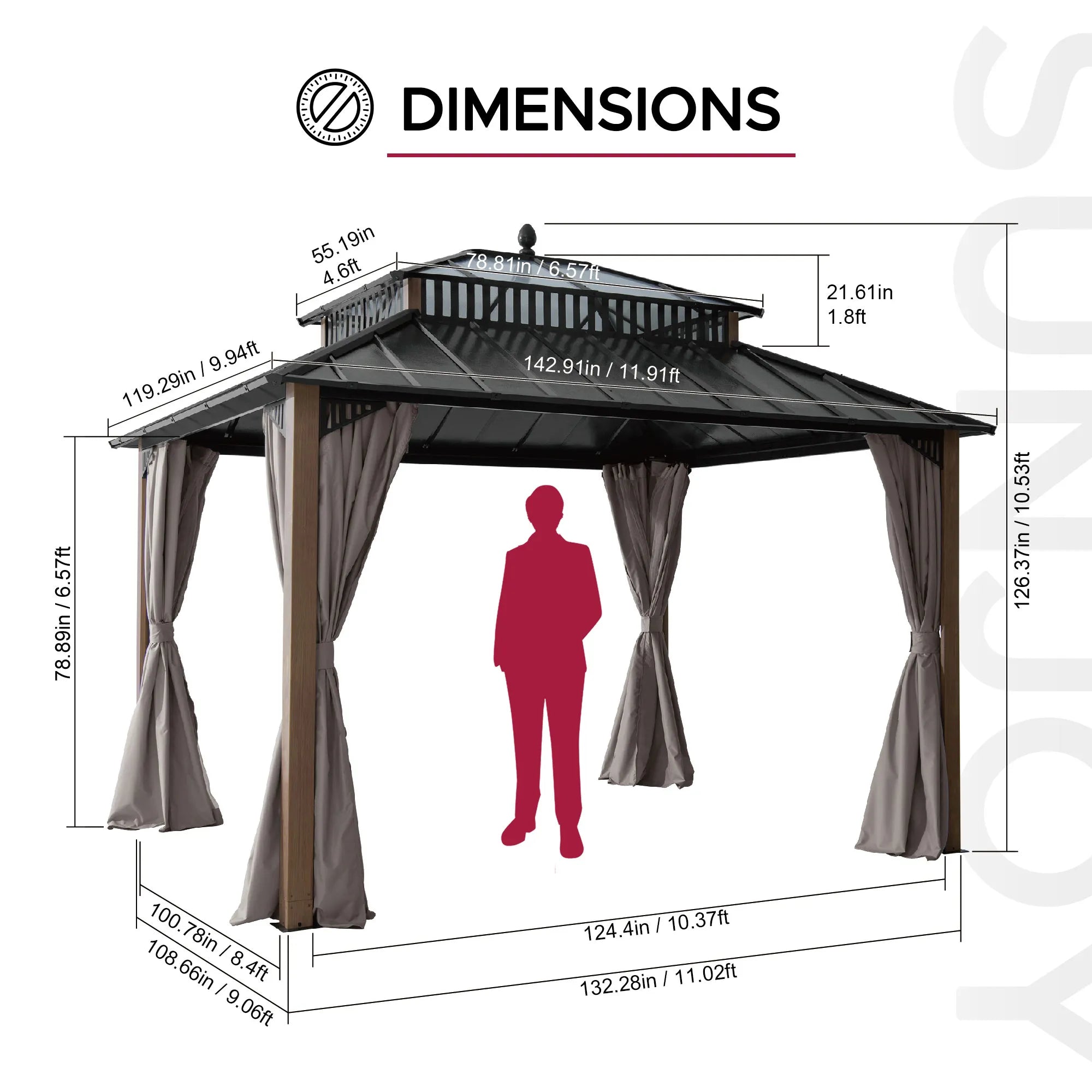 Mazonvintage Kingston 12x10 Gazebo with Netting & Curtain | Steel & PC Roof - Woodgrain Aluminum Posts
